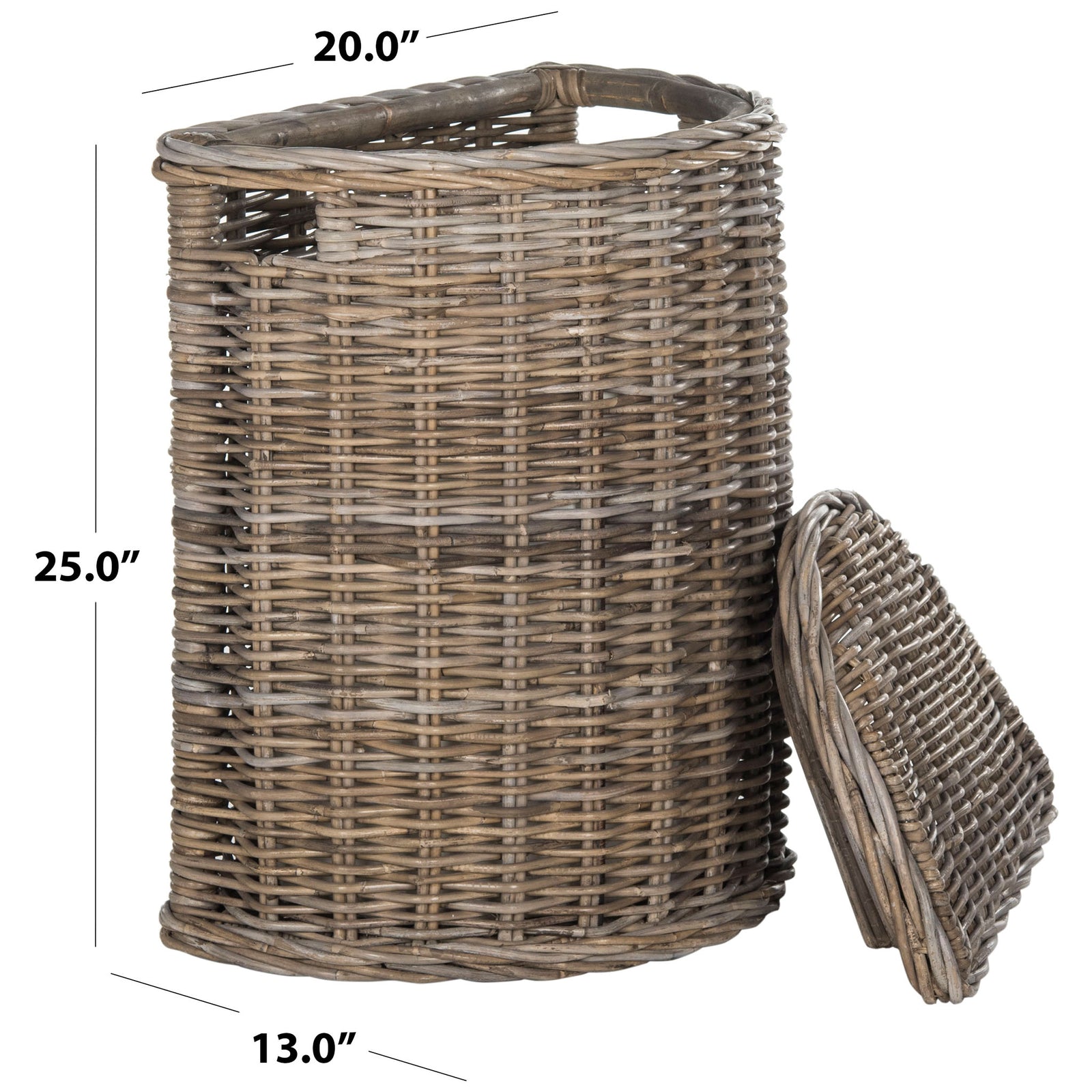 Tall gray rattan hamper has a tapered basket and removable woven lid for easy laundry storage. || SEA7008A || dimension_studio