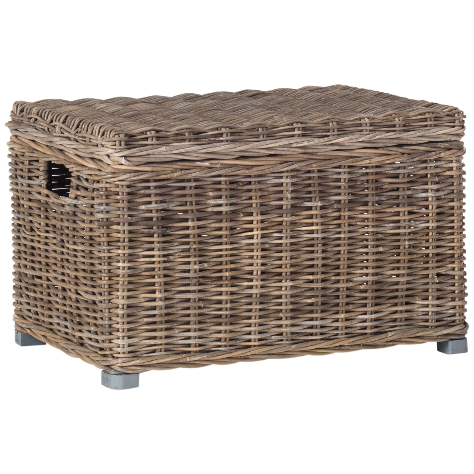 A cutout side handle and short block feet add practical details to the gray rattan trunk. || SEA7018A || front_angle_studio