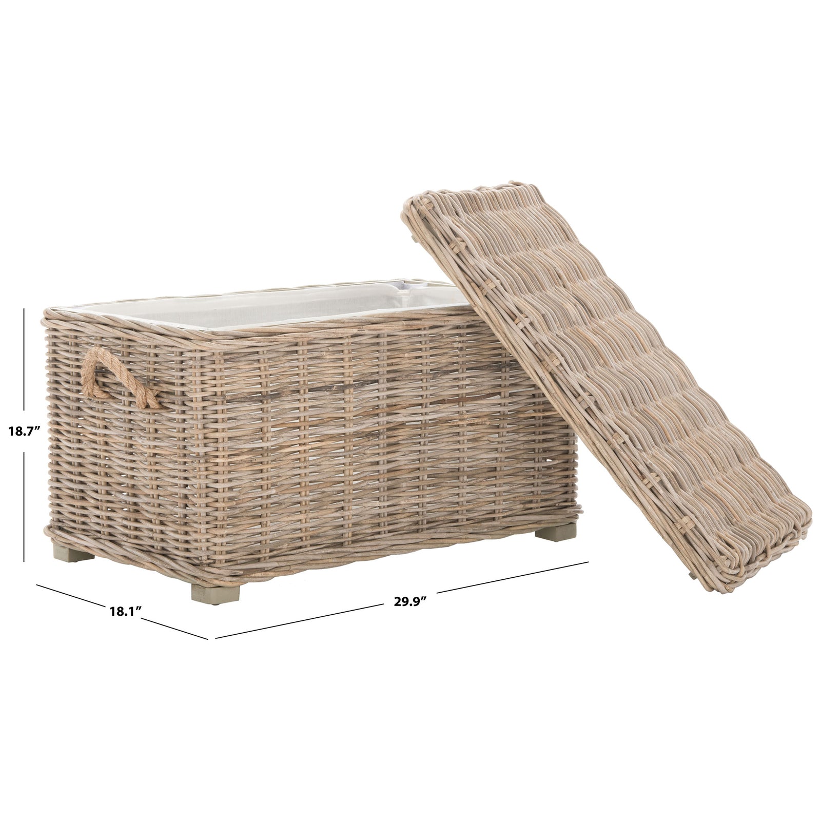 A removable lid opens a gray wicker trunk measuring 29.9 inches wide, 18.1 inches deep and 18.7 inches high. || SEA7019A || dimension_studio