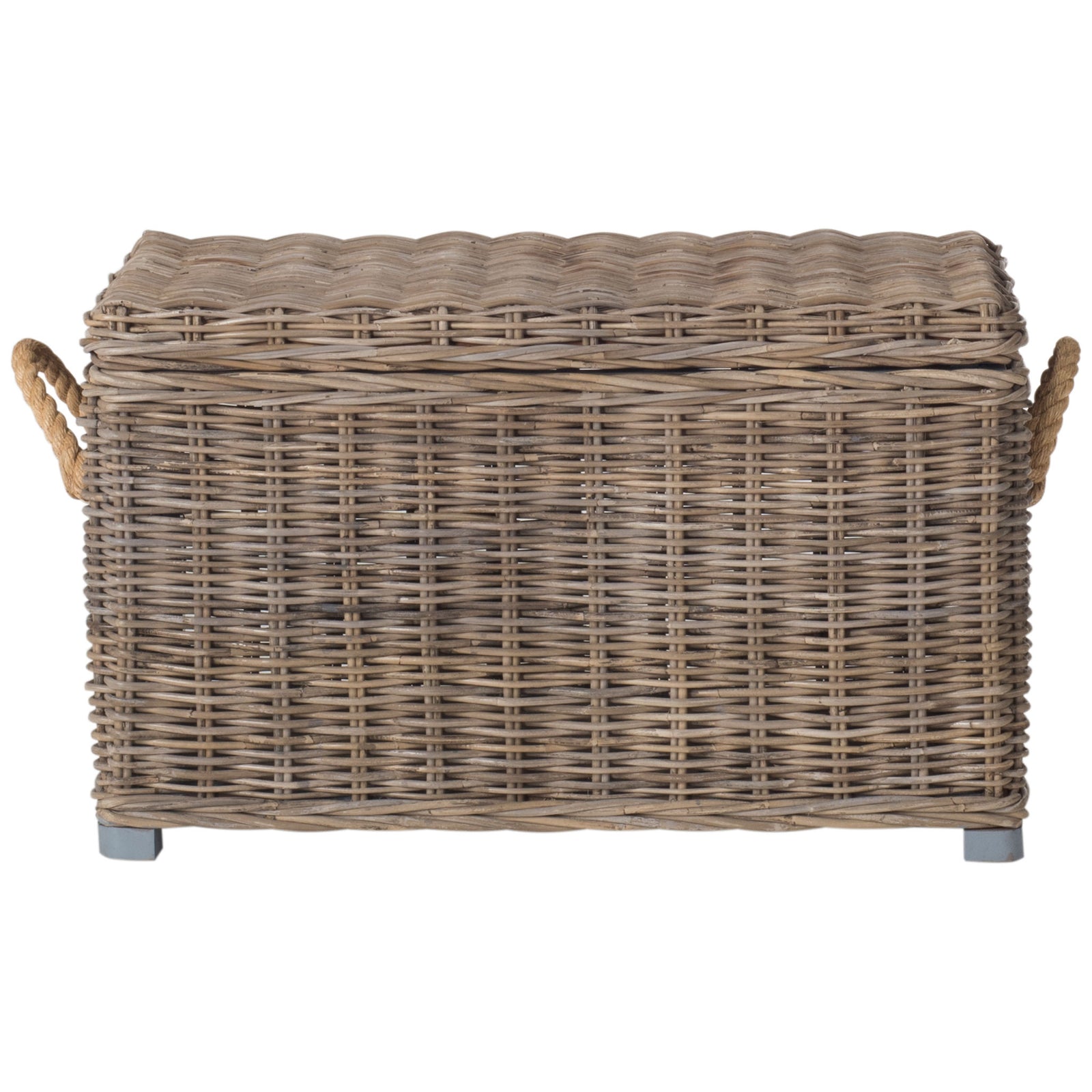 Gray woven rattan trunk pairs a fitted lid with rope side handles and low block feet. || SEA7019A || front_studio