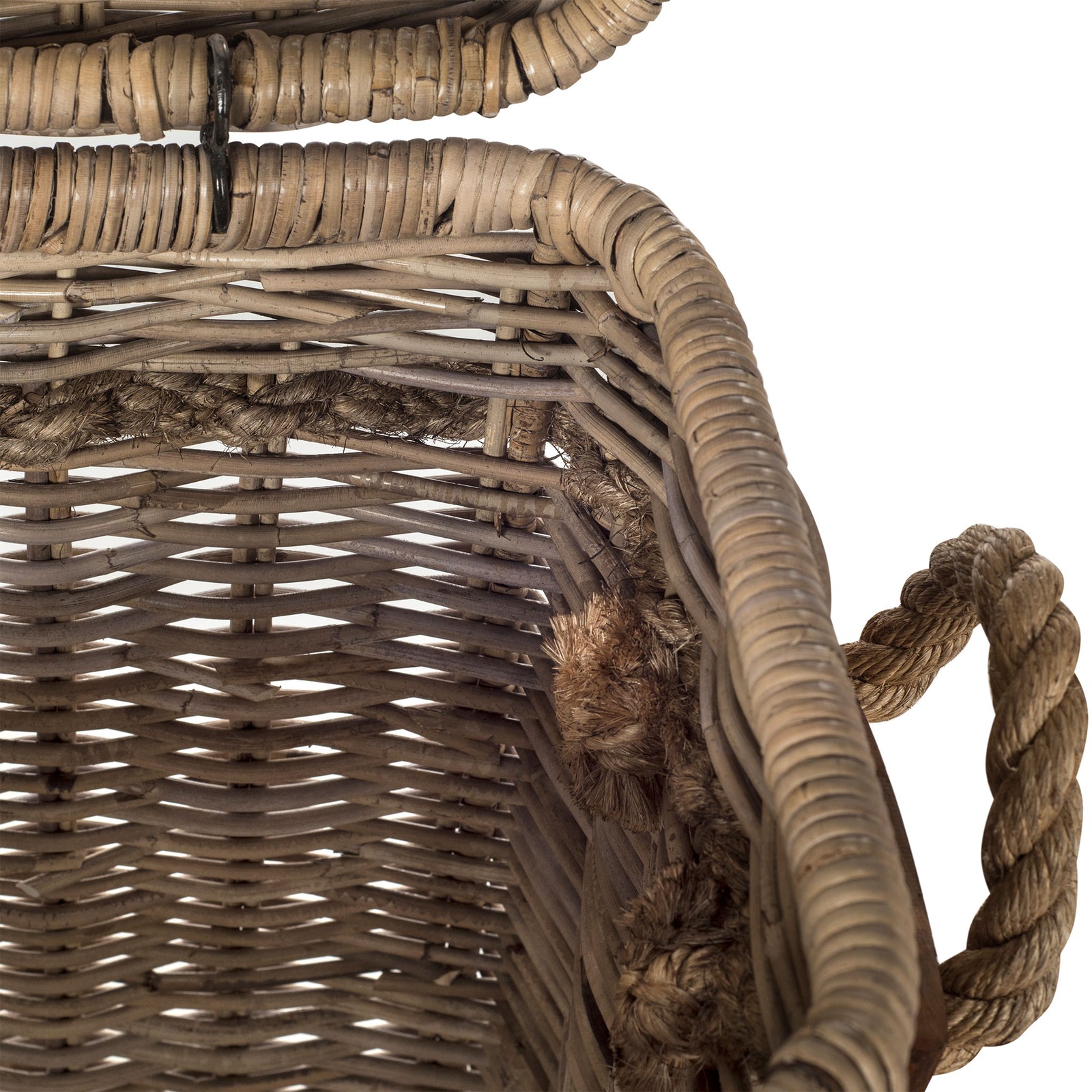 Woven rattan lines the open storage compartment, with a wrapped rim and thick rope handle || SEA7020A || storage_open_studio