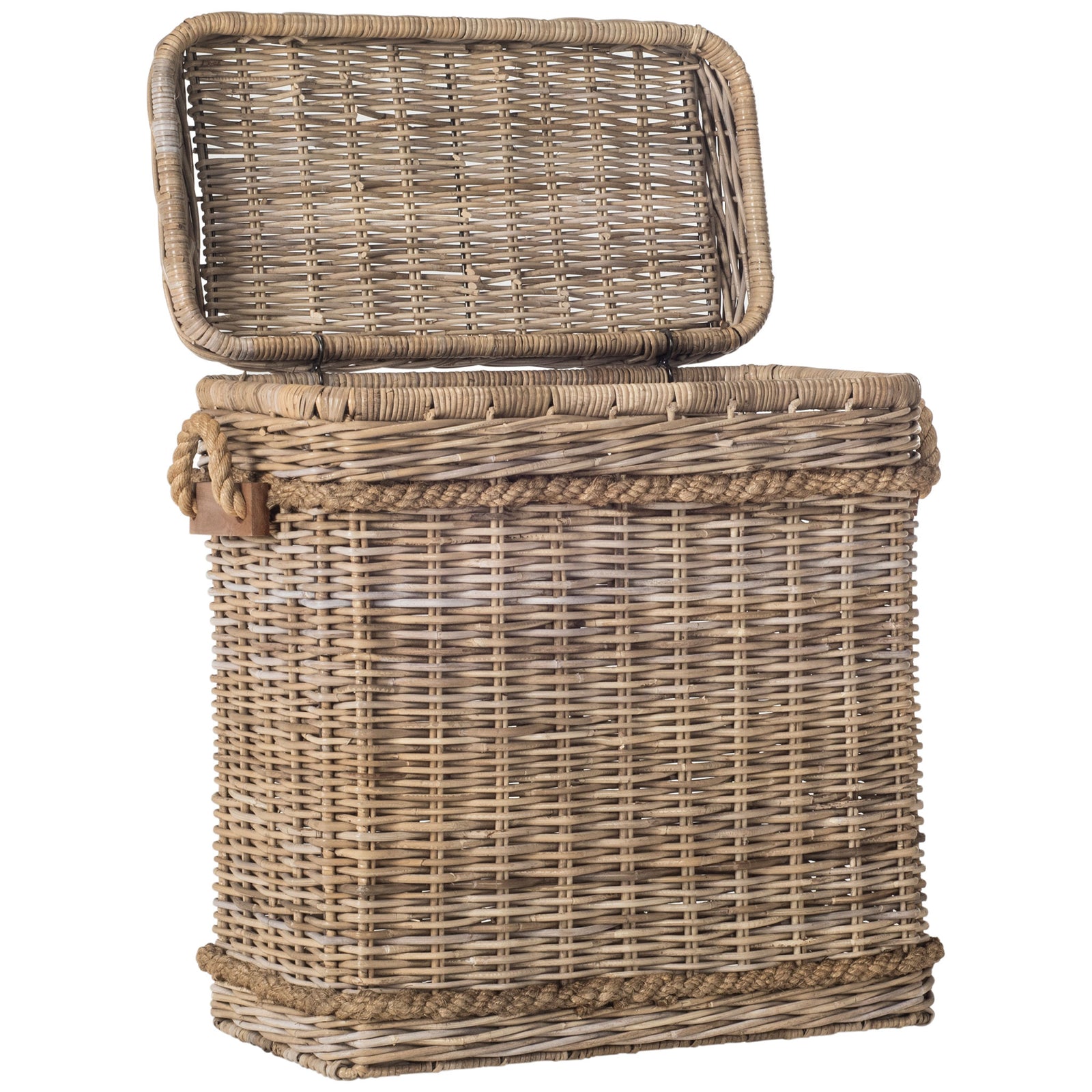 A lift-up woven lid reveals handy storage inside this light gray rattan hamper || SEA7020A || front_angle_open_studio