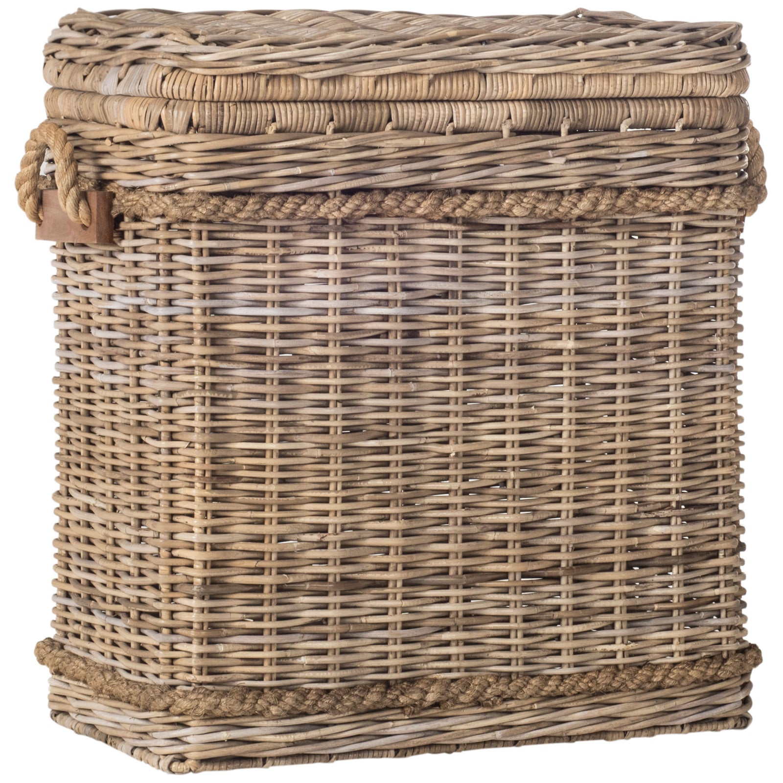 Light gray wicker weaving, braided trim, and a wrapped base add texture to this slim storage trunk || SEA7020A || front_angle_studio