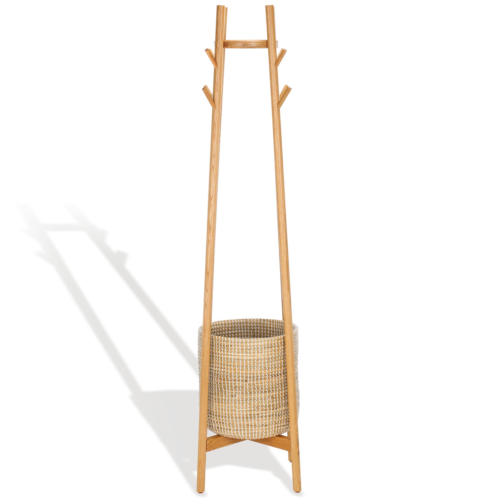 Natural wood coat rack pairs branching hooks with a woven basket for organized entryway storage. || SFV4202A || front_studio