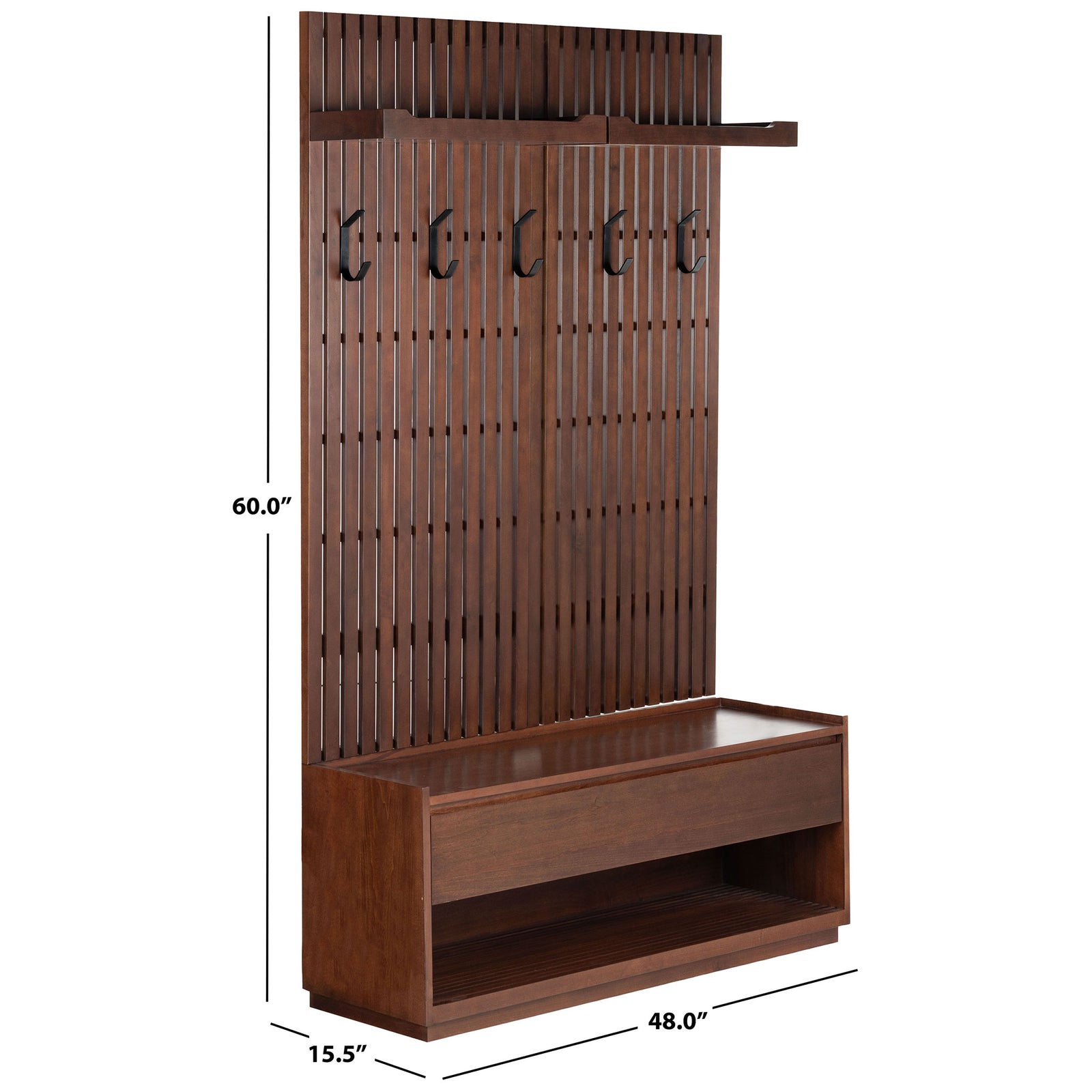 A 60-inch-tall slatted wood hall tree pairs coat hooks with a 48-inch-wide storage bench || SFV4214A || dimension_studio
