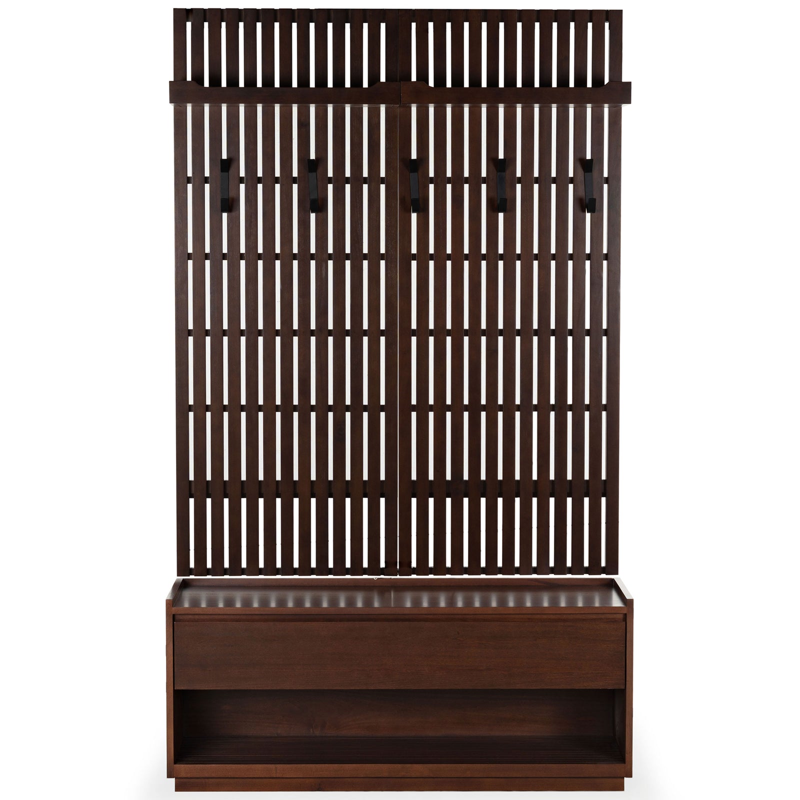 Walnut-toned hall tree pairs a slatted back and five black hooks with a bench and lower shelf || SFV4214A || front_studio