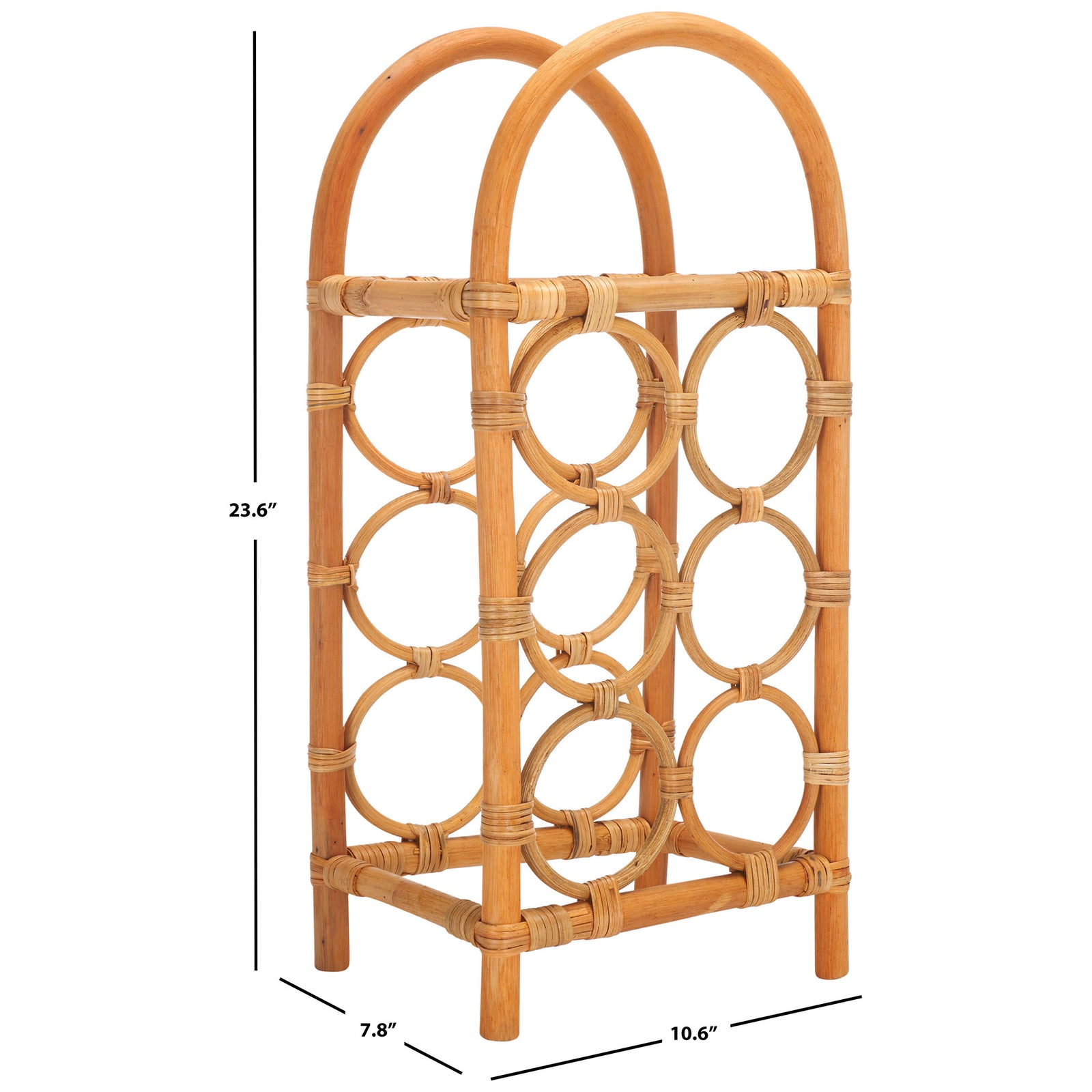 Tall, compact rattan rack holds six wine bottles in a space-saving vertical design || STG1800A || dimension_studio