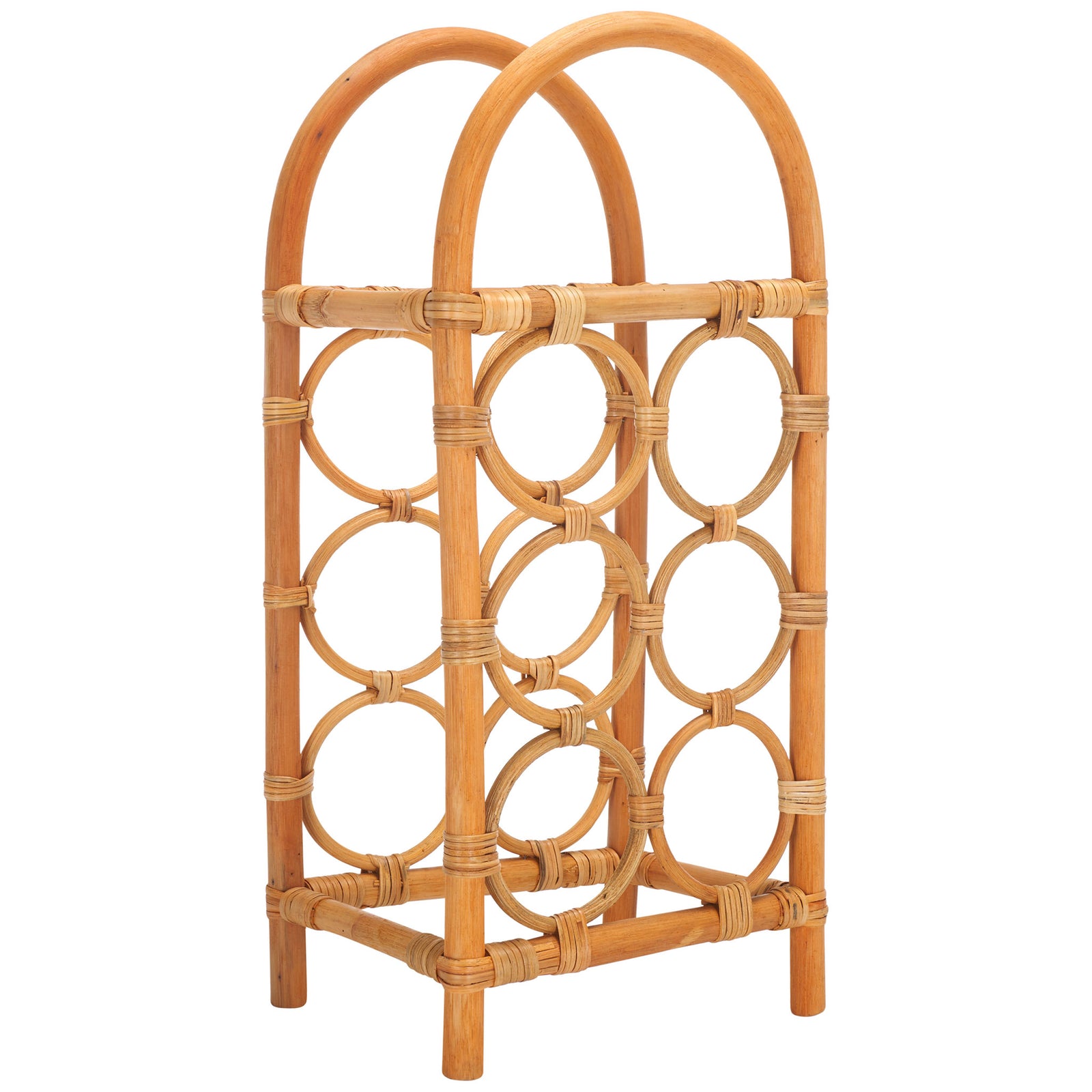 Open rattan framework pairs stacked bottle holders with gently arched top rails || STG1800A || front_angle_studio