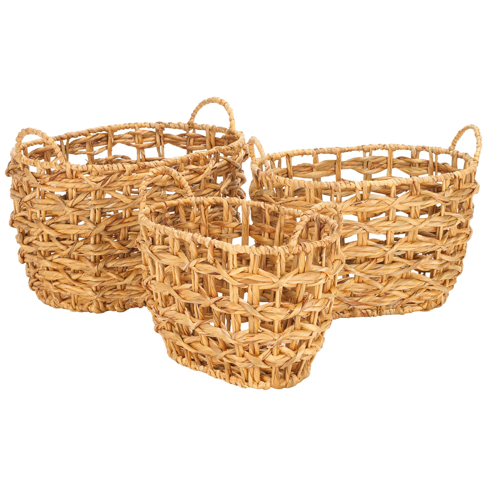 Three woven baskets in graduated sizes offer breezy texture and built-in carrying handles. || STG1806A || front_angle_studio
