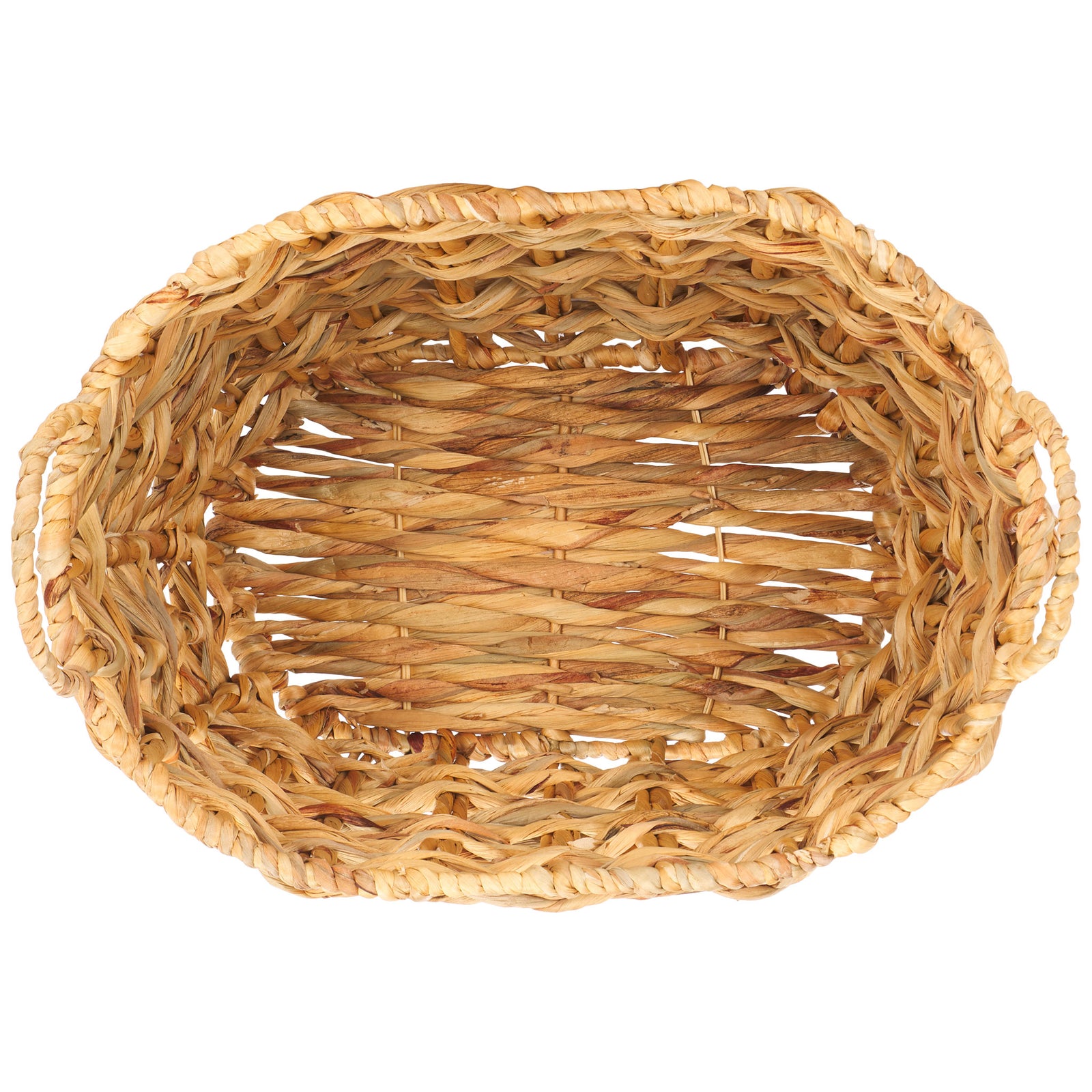 A rounded woven rim surrounds an open basket interior and textured natural-fiber base. || STG1806A || top_partial_studio