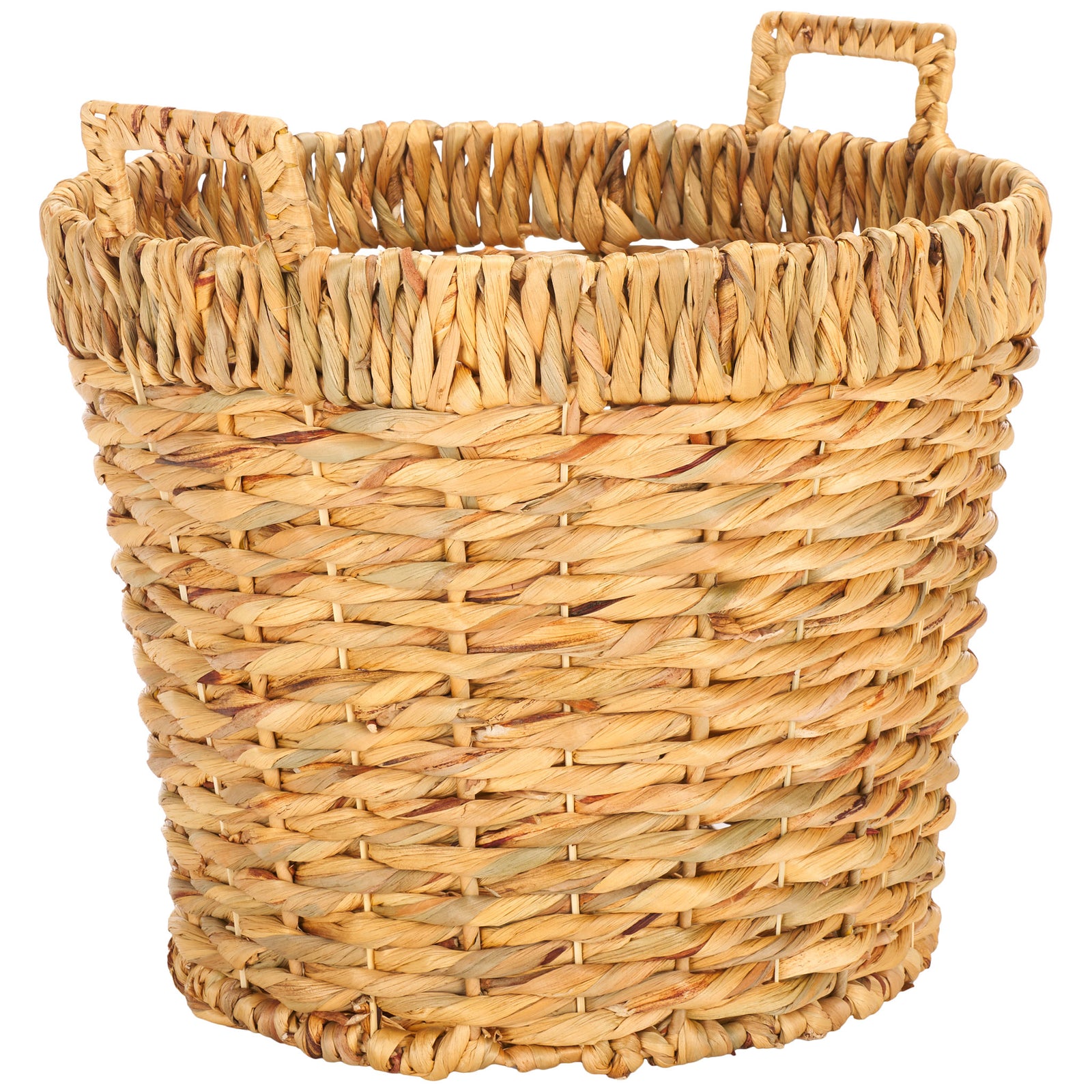 A natural woven basket blends an open top and wrapped handles with a sturdy round silhouette. || STG1807A || front_angle_partial_studio