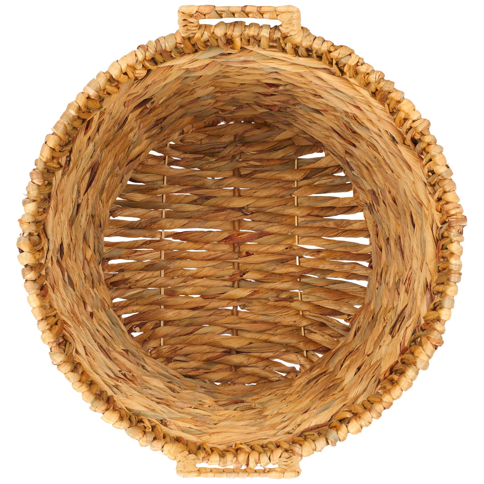 The spacious woven interior is framed by a round rim and opposite loop handles. || STG1807A || top_partial_studio