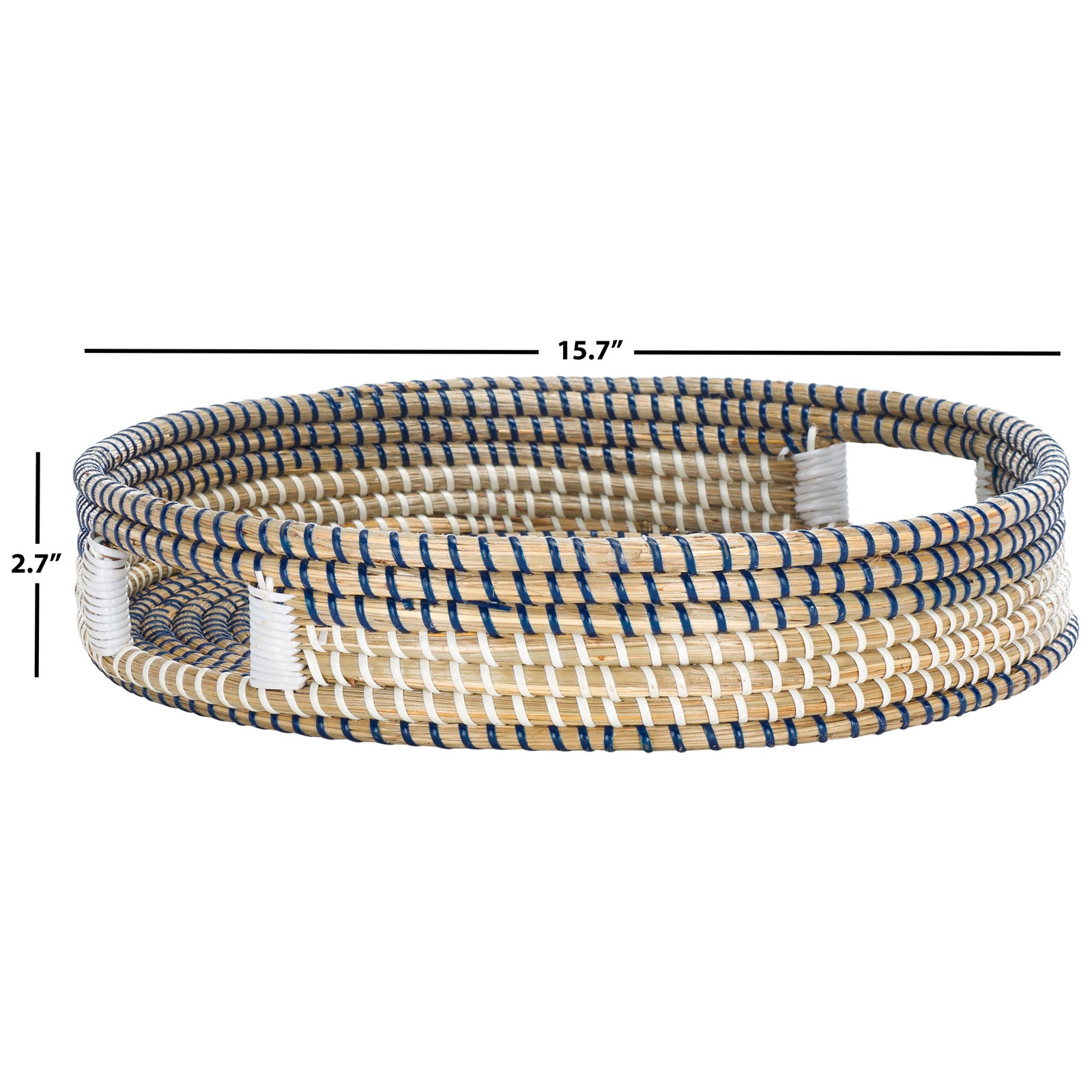 This round woven tray measures 15.7 inches across and 2.7 inches high. || STG1809A || dimension_studio