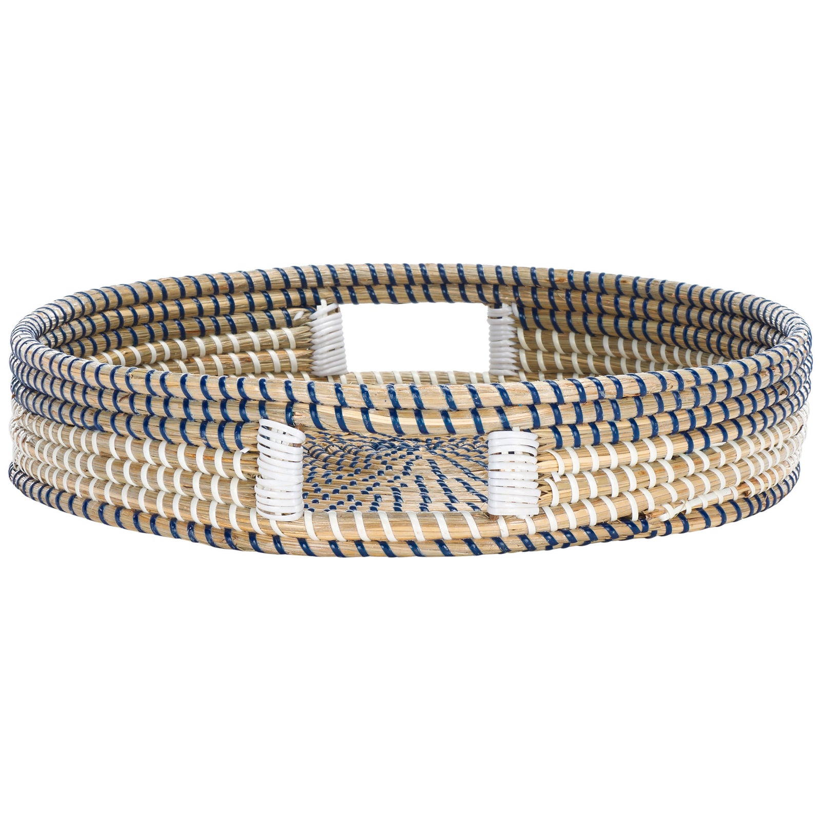 A round seagrass tray pairs blue-and-white banding with white-wrapped handles. || STG1809A || front_studio