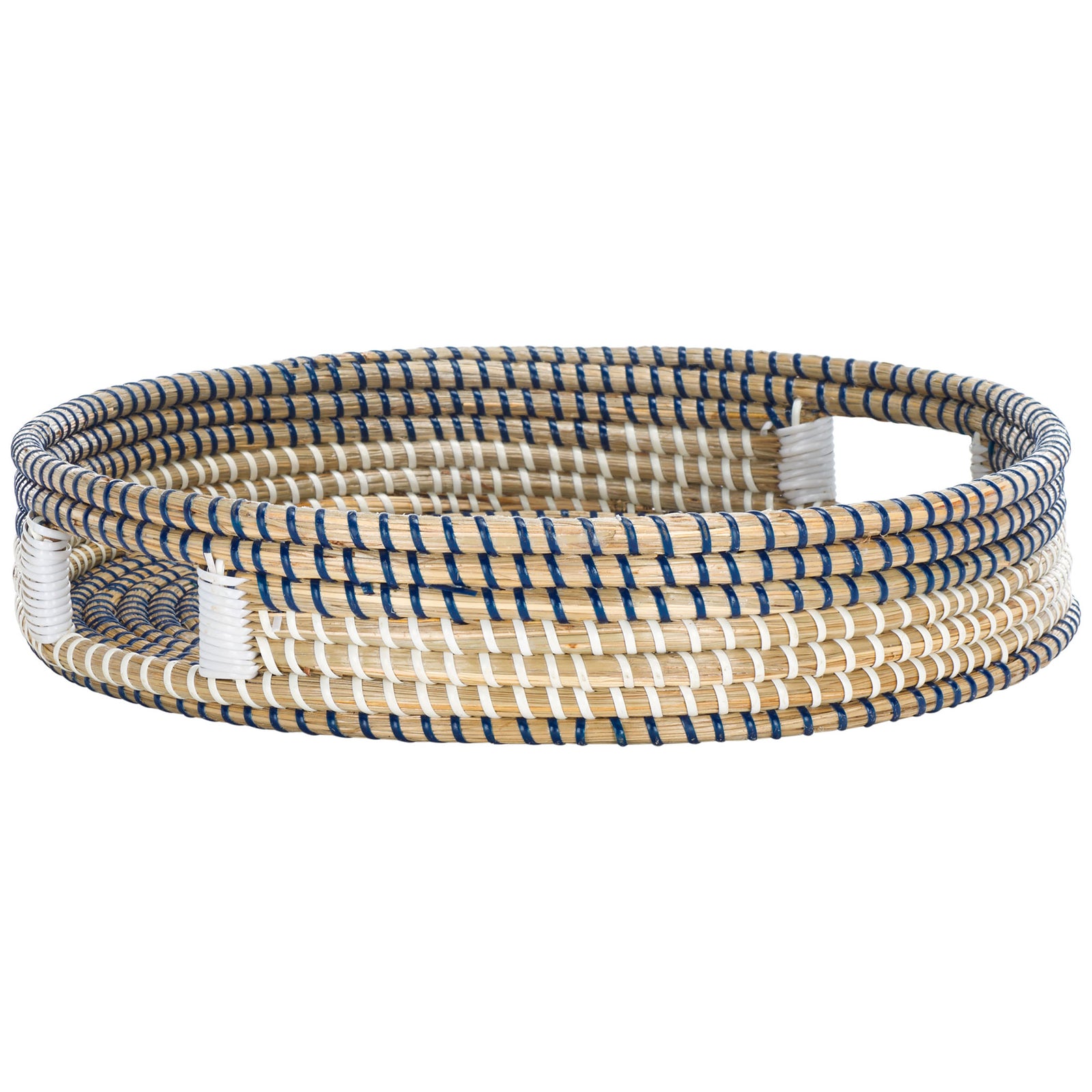 Blue-and-white weaving circles a shallow seagrass tray with white-wrapped handholds. || STG1809A || front_angle_studio