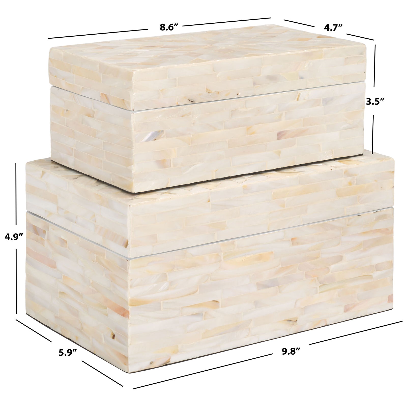 Two pearly keepsake boxes measure 9.8 x 5.9 x 4.9 and 8.6 x 4.7 x 3.5 inches. || STG1810A || dimension_studio