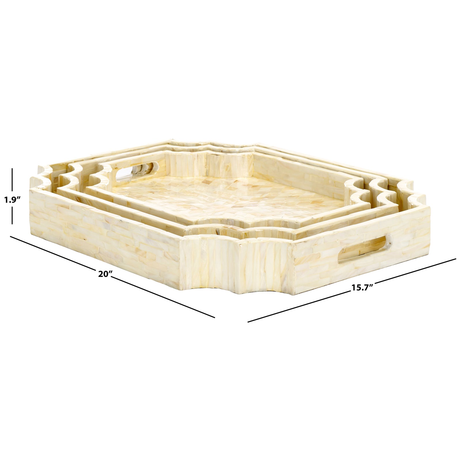 Three pearlescent trays nest neatly, with the largest measuring 20 by 15.7 by 1.9 inches || STG1811A || dimension_studio
