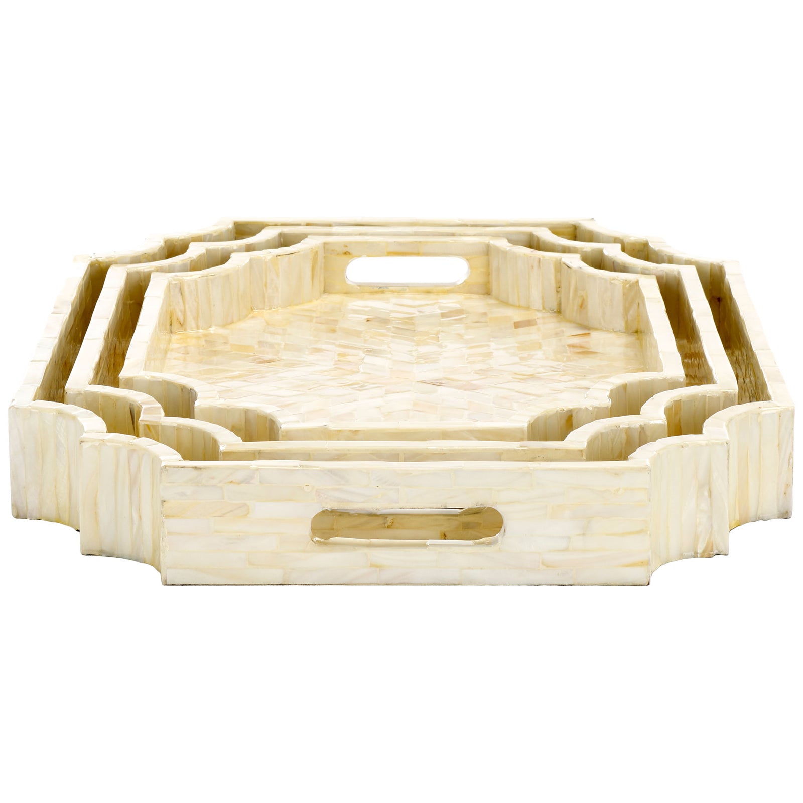 Built-in handles add easy portability to three nesting trays with iridescent inlay || STG1811A || side_studio