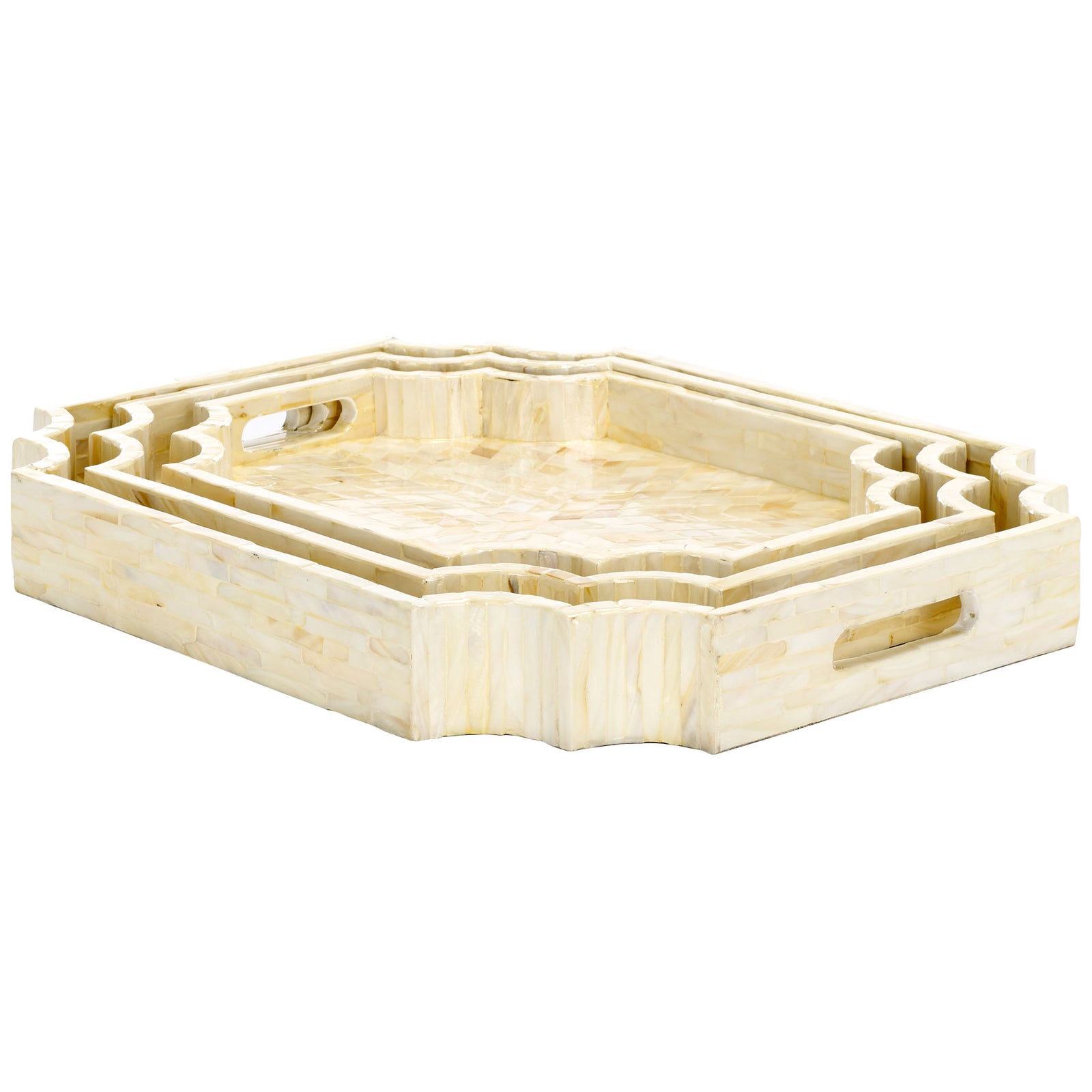 Layered scalloped edges and cutout handles elevate these champagne mother-of-pearl trays || STG1811A || front_angle_studio