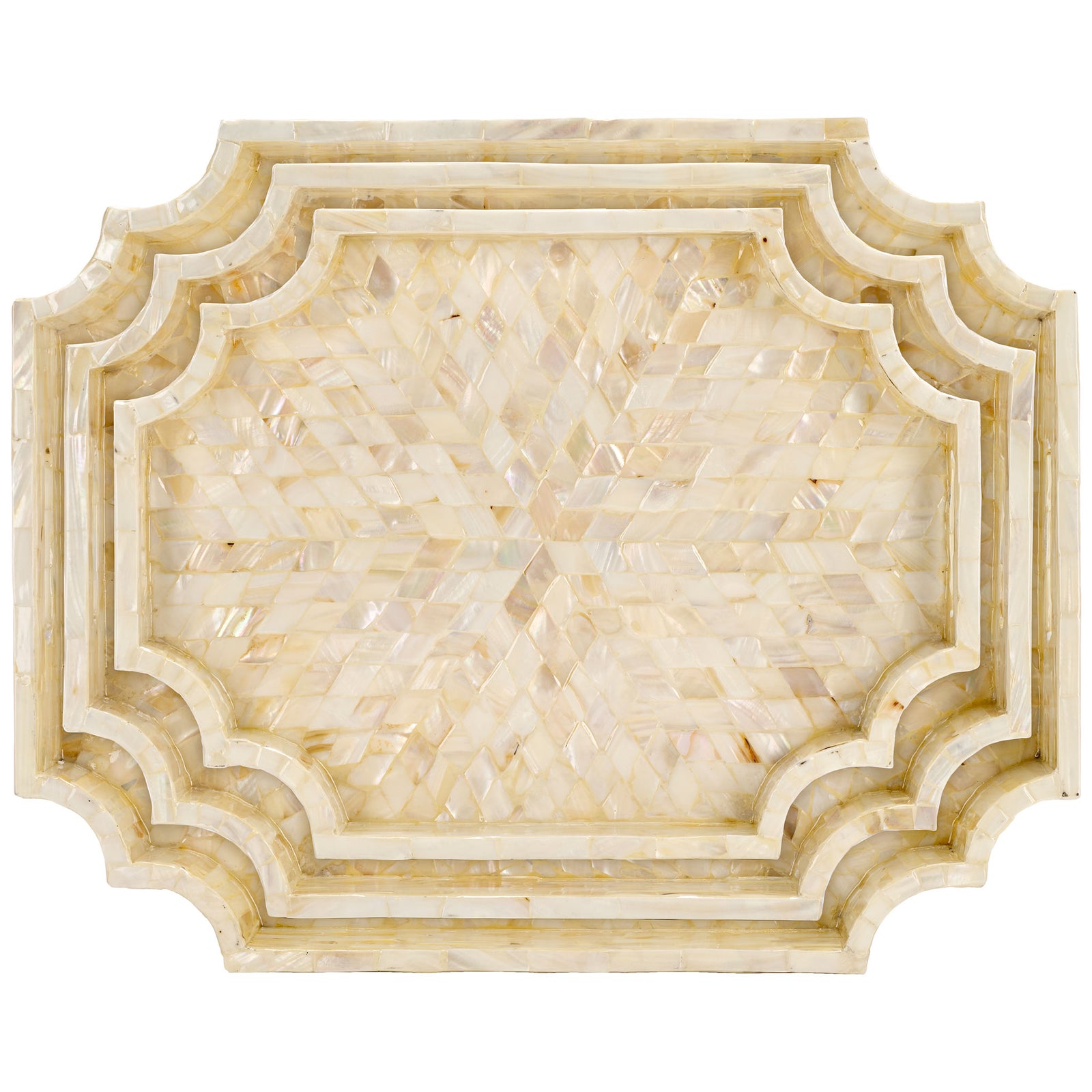 Three nested trays frame a luminous mother-of-pearl sunburst with layered, scalloped rims || STG1811A || top_studio