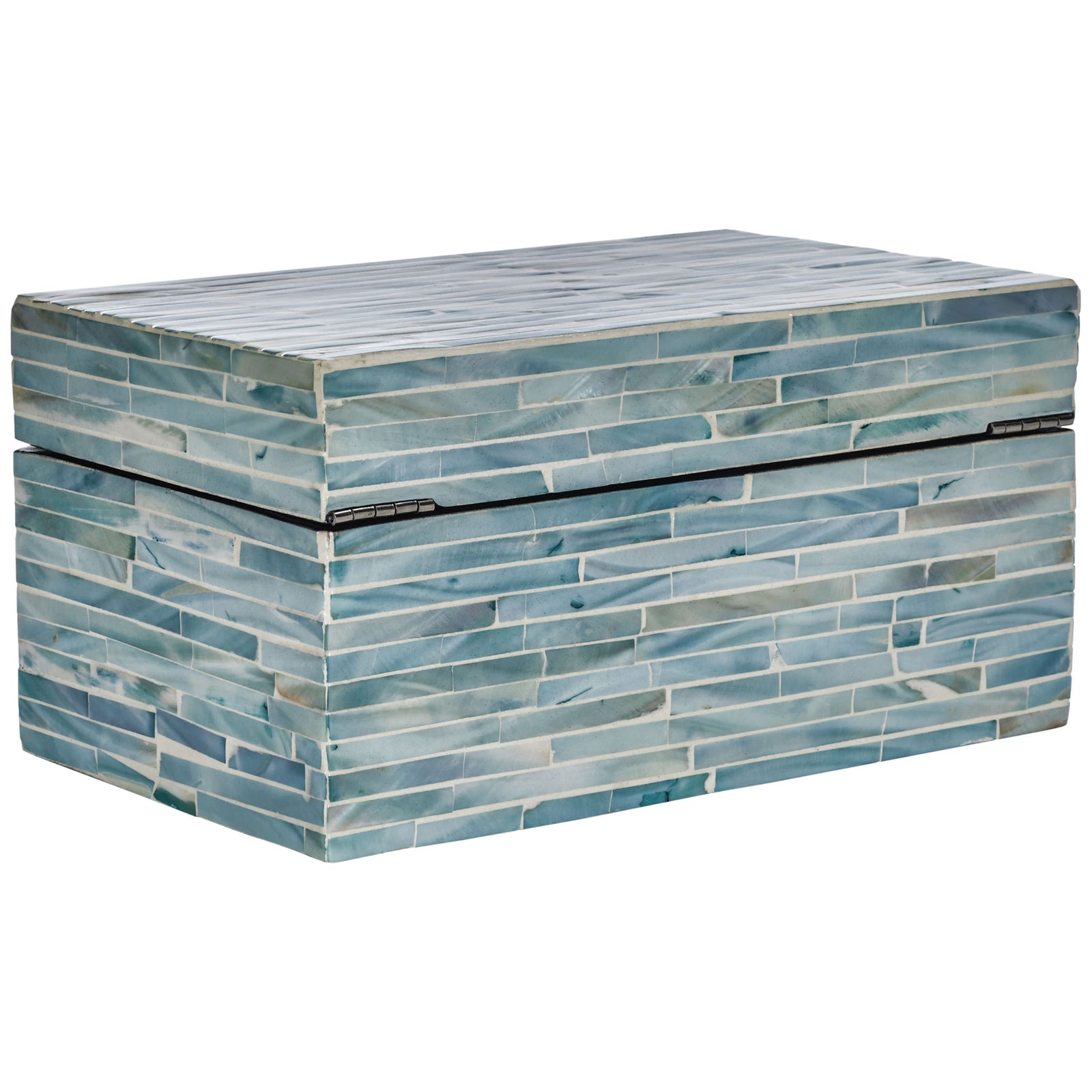 Pearlescent blue-gray tiles carry across the lid and sides of a hinged keepsake box. || STG1812A || back_angle_partial_studio