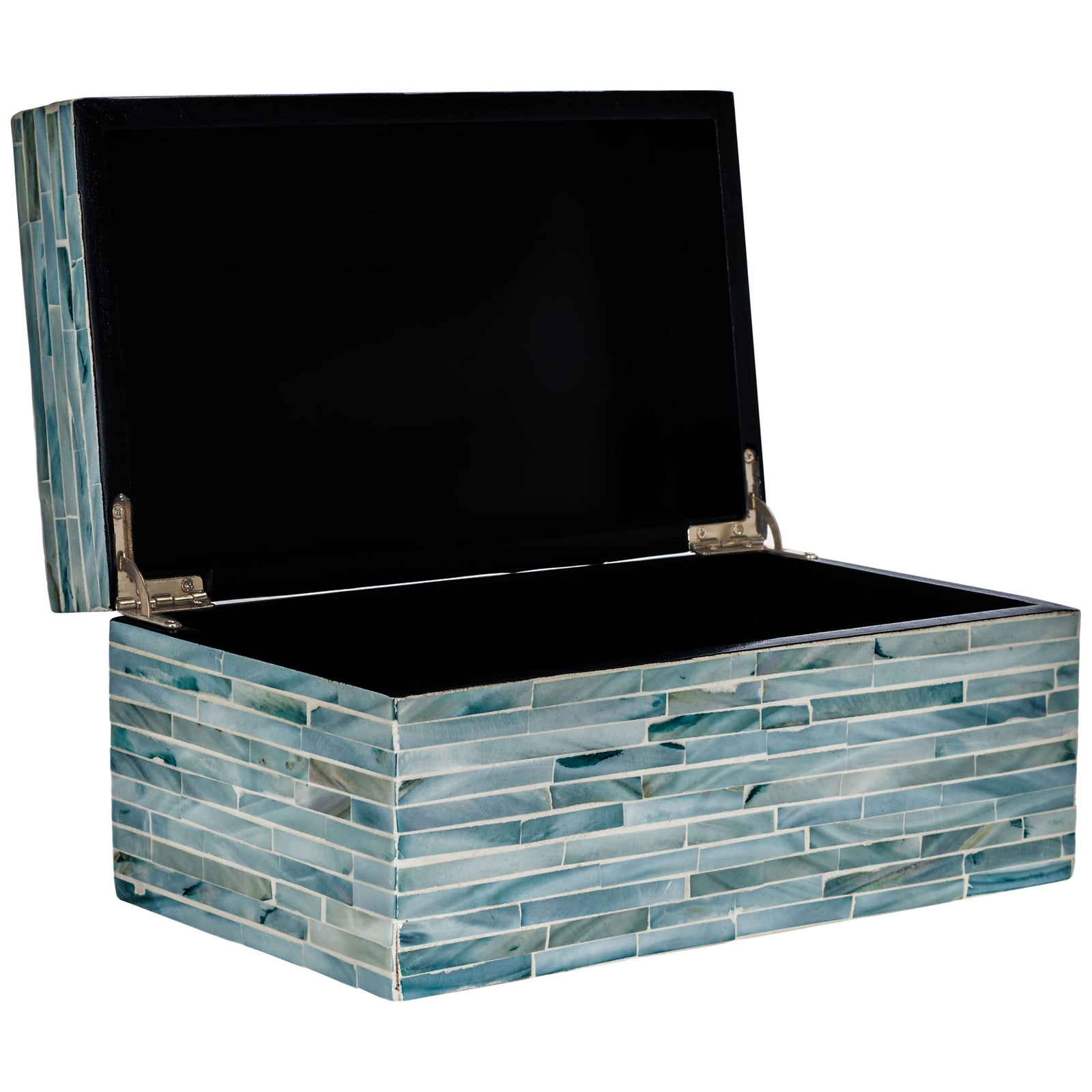 A hinged lid opens to reveal a dark-lined compartment inside a blue-gray shell-inlaid box. || STG1812A || front_angle_partial_open_studio