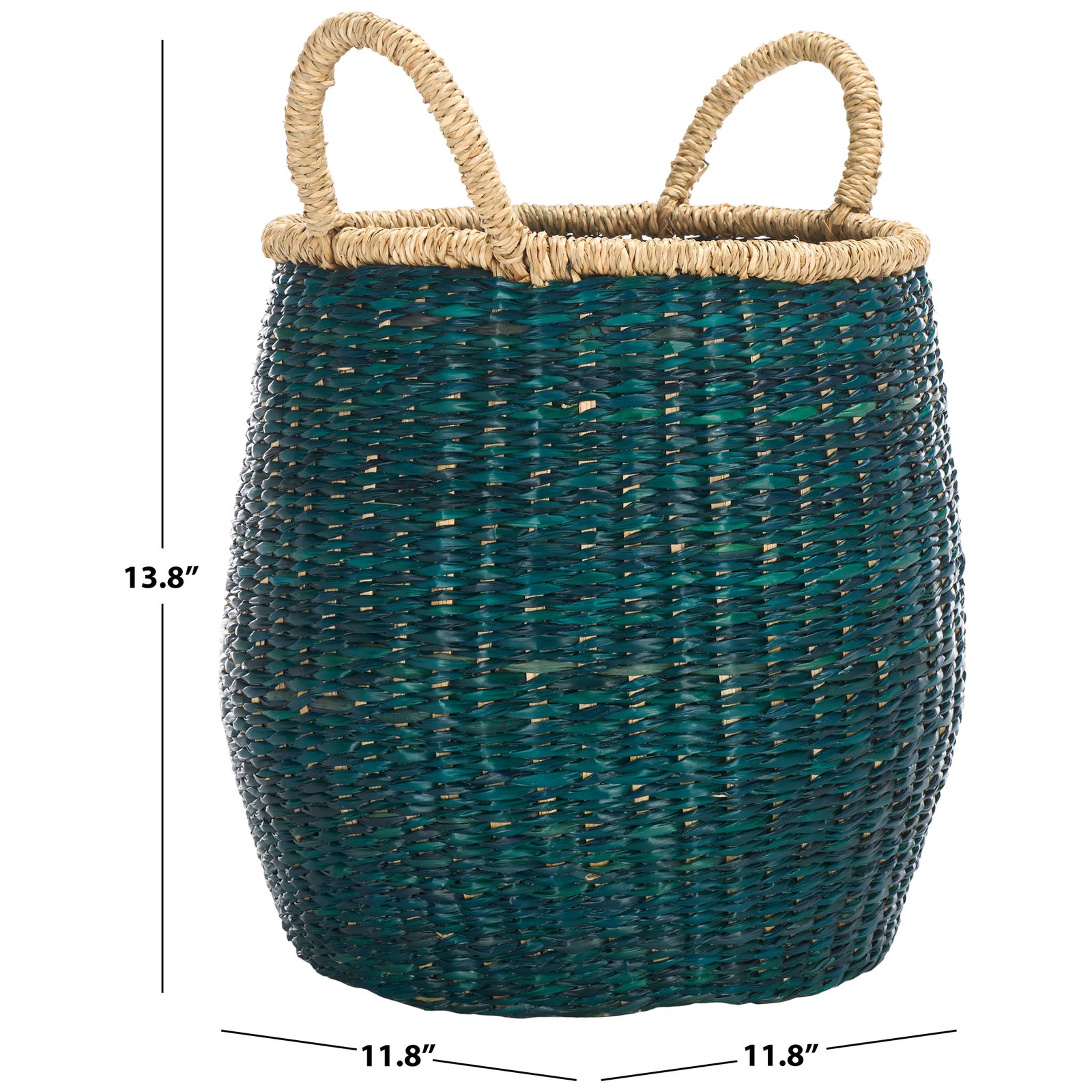 A tall woven basket measures 13.8 inches high and 11.8 inches wide and deep || STG1815A || dimension_studio