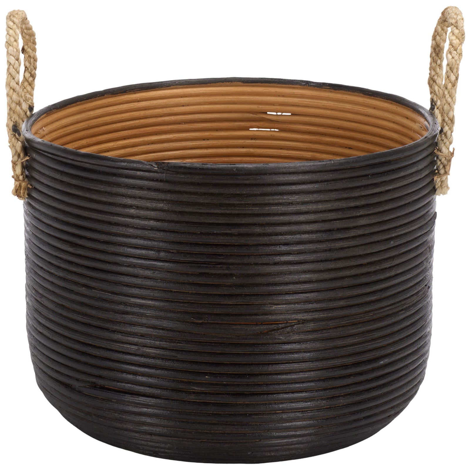A generous black rattan basket combines a rounded silhouette with a natural lining and rope handles || STG1816A || front_partial_studio
