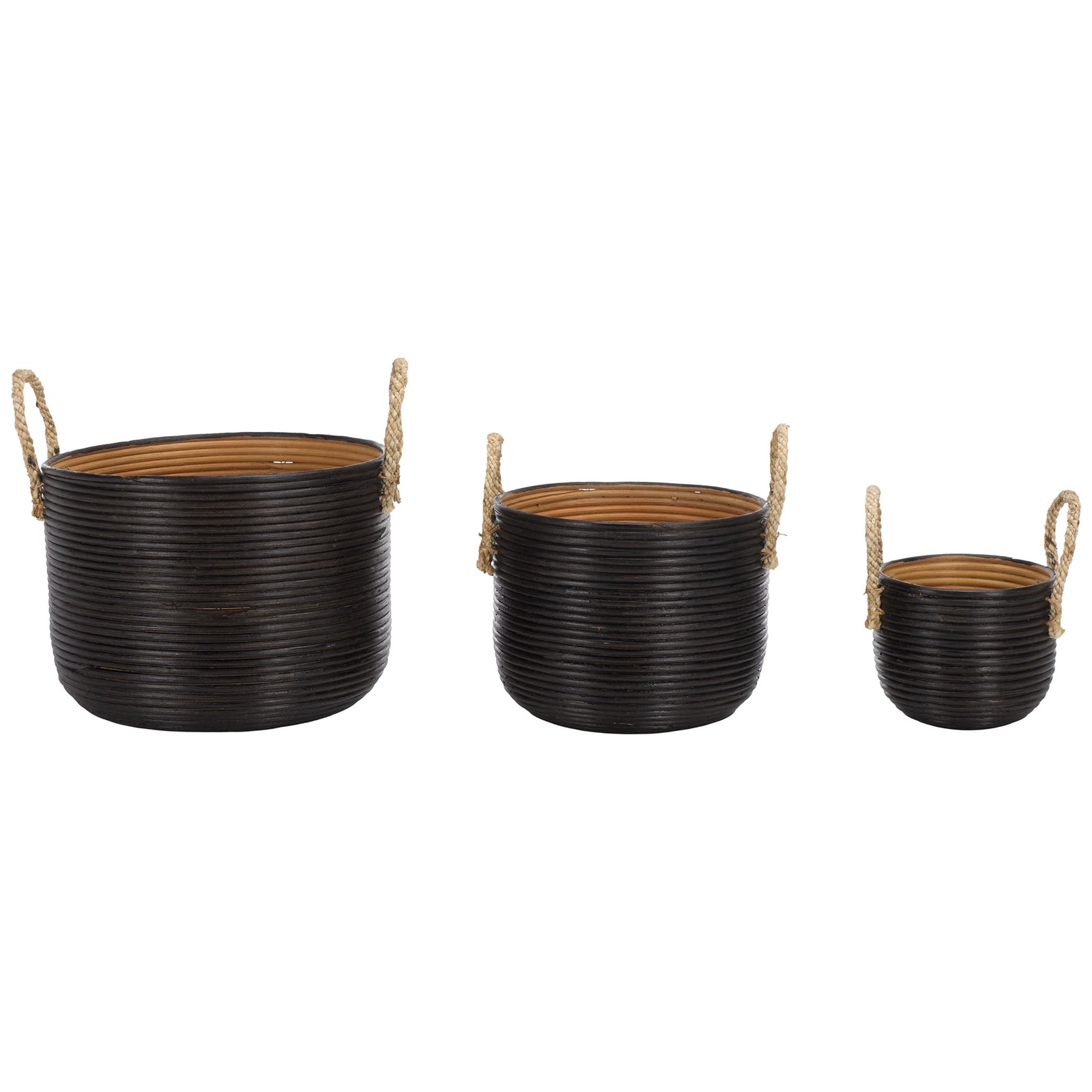 Large, medium, and small woven baskets offer coordinated storage with warm natural rope handles || STG1816A || front_studio