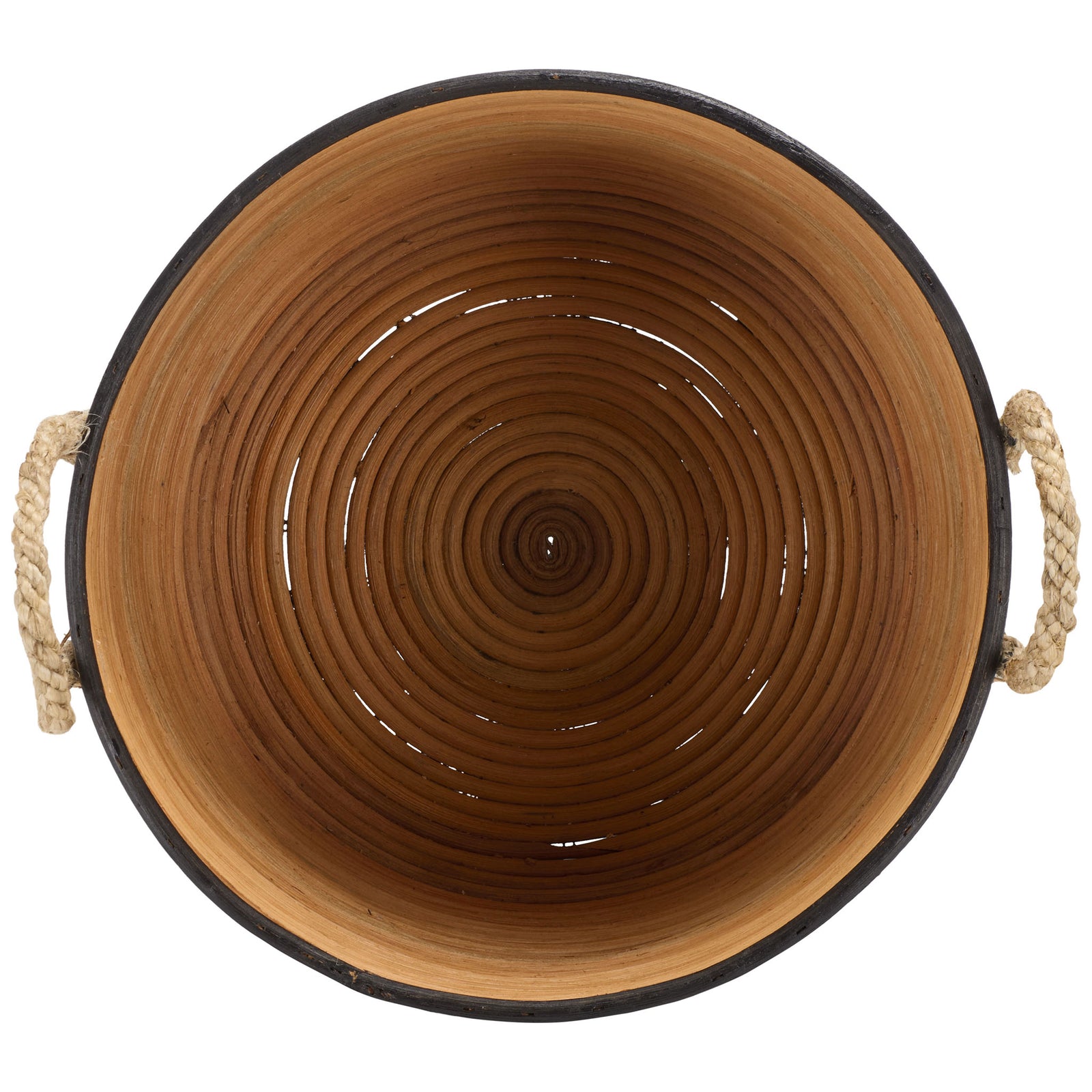 Concentric rattan coils create a warm natural basket interior framed by a black rim || STG1816A || top_partial_studio