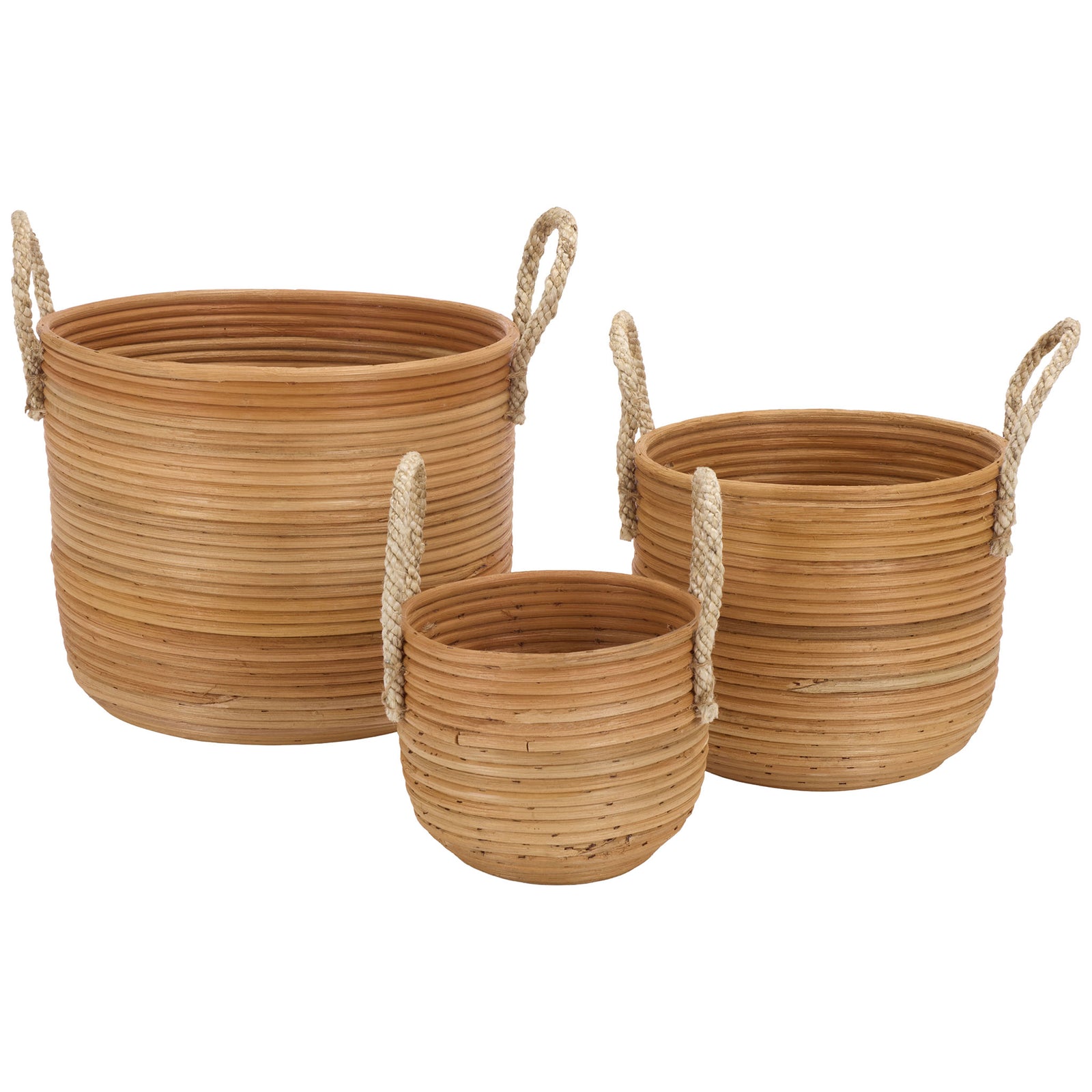 Three natural rattan baskets combine rounded silhouettes, open tops, and woven loop handles. || STG1817A || front_studio