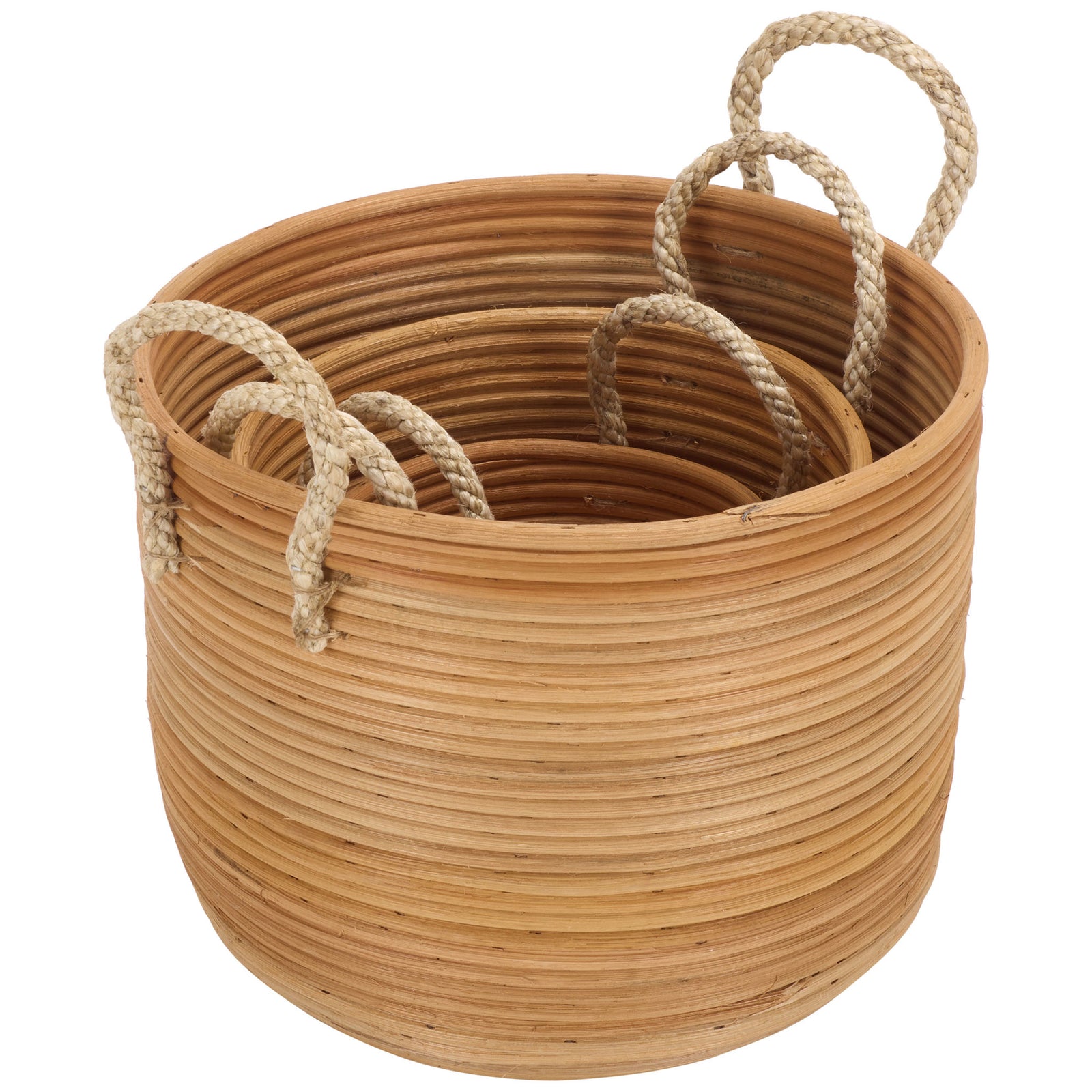 Three sizes nest inside the largest natural rattan basket, with matching handles above the rims. || STG1817A || front_angle_studio