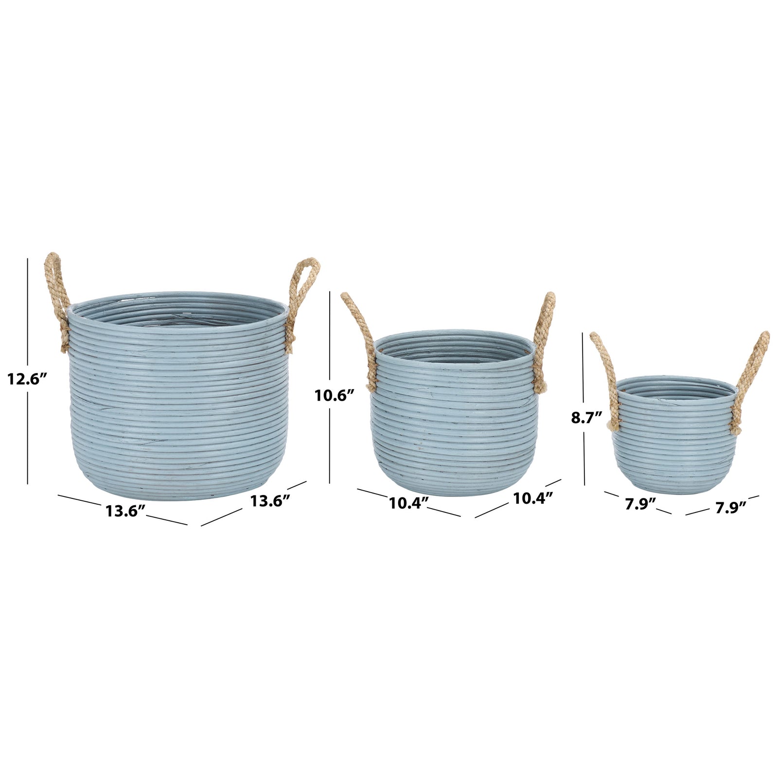Three light blue rattan baskets come in graduated sizes, each with natural braided handles. || STG1817B || dimension_studio