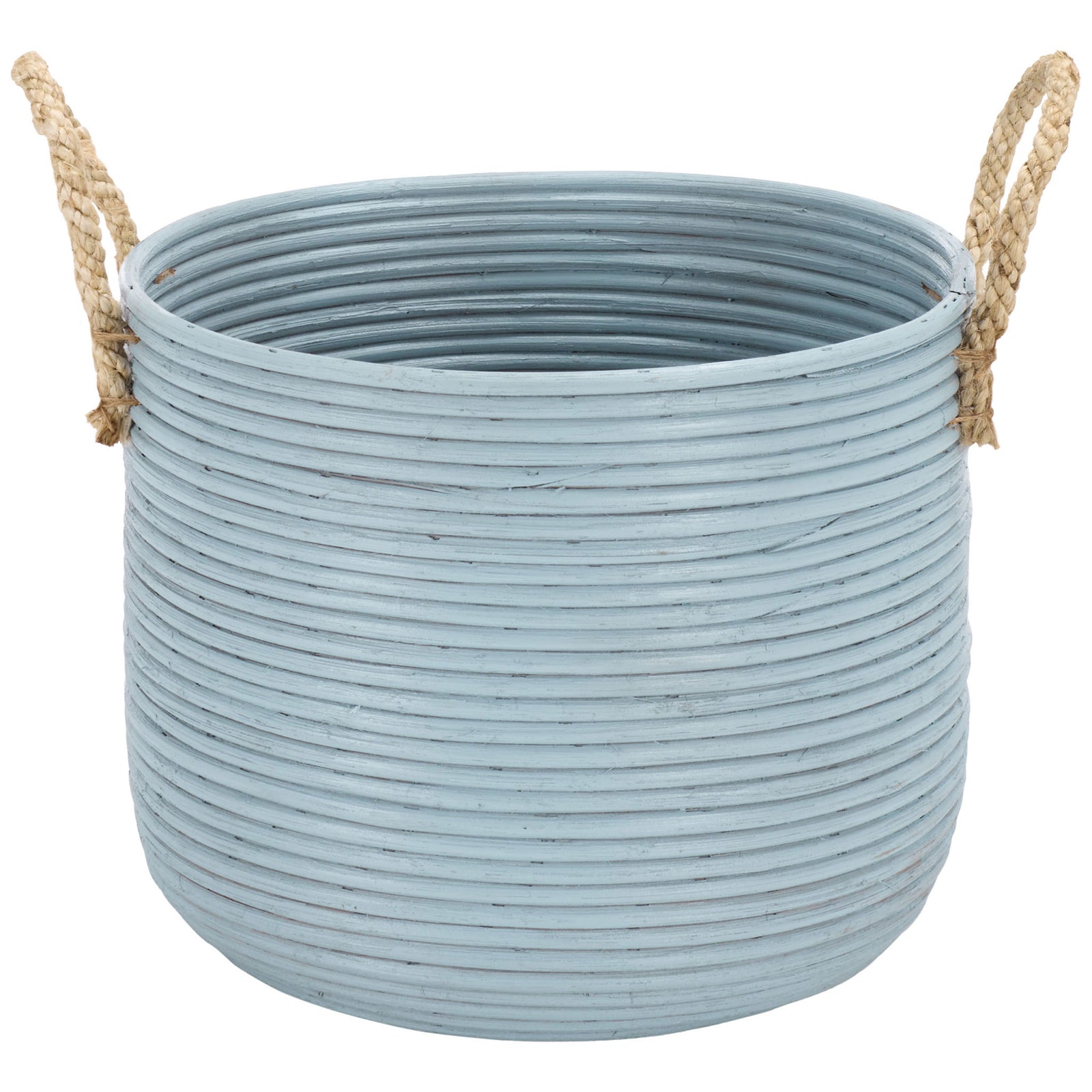 The largest light blue basket has a roomy open top, rounded base, and two braided handles. || STG1817B || front_partial_studio
