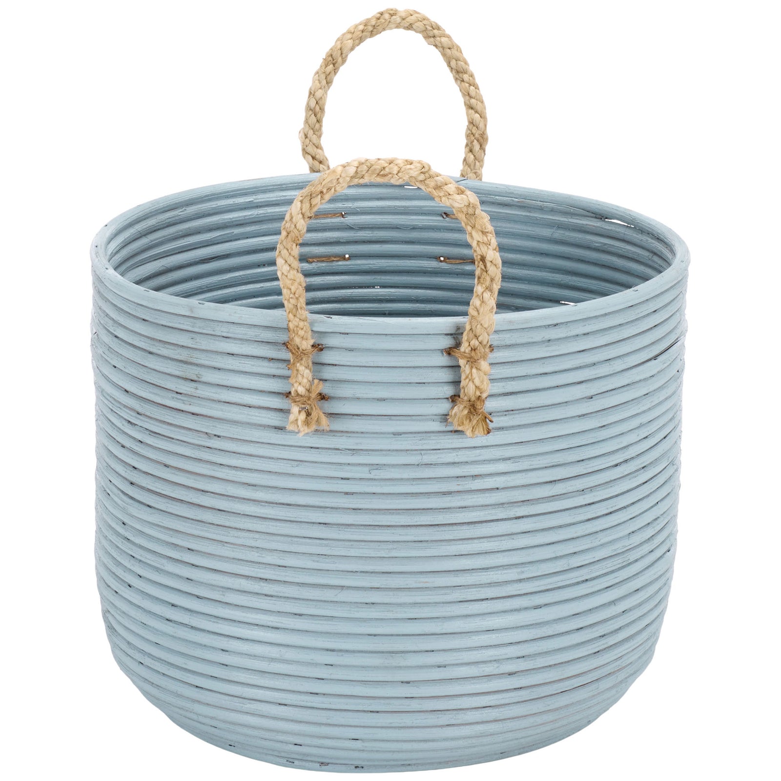 A natural braided handle rises above the light blue basket's open rim and coiled body. || STG1817B || side_partial_studio