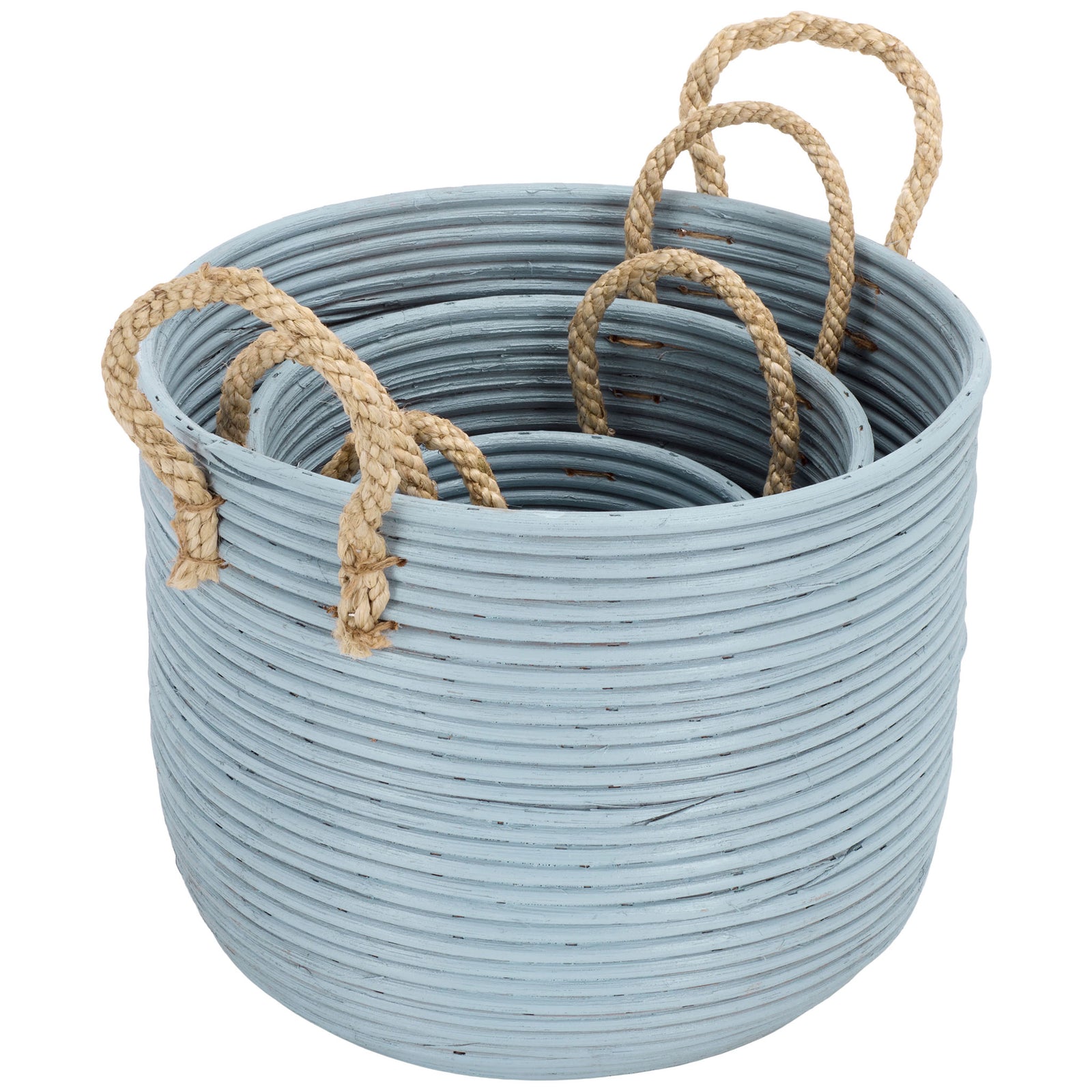 Three light blue rattan baskets nest together, with natural handles peeking above their rims. || STG1817B || front_angle_studio