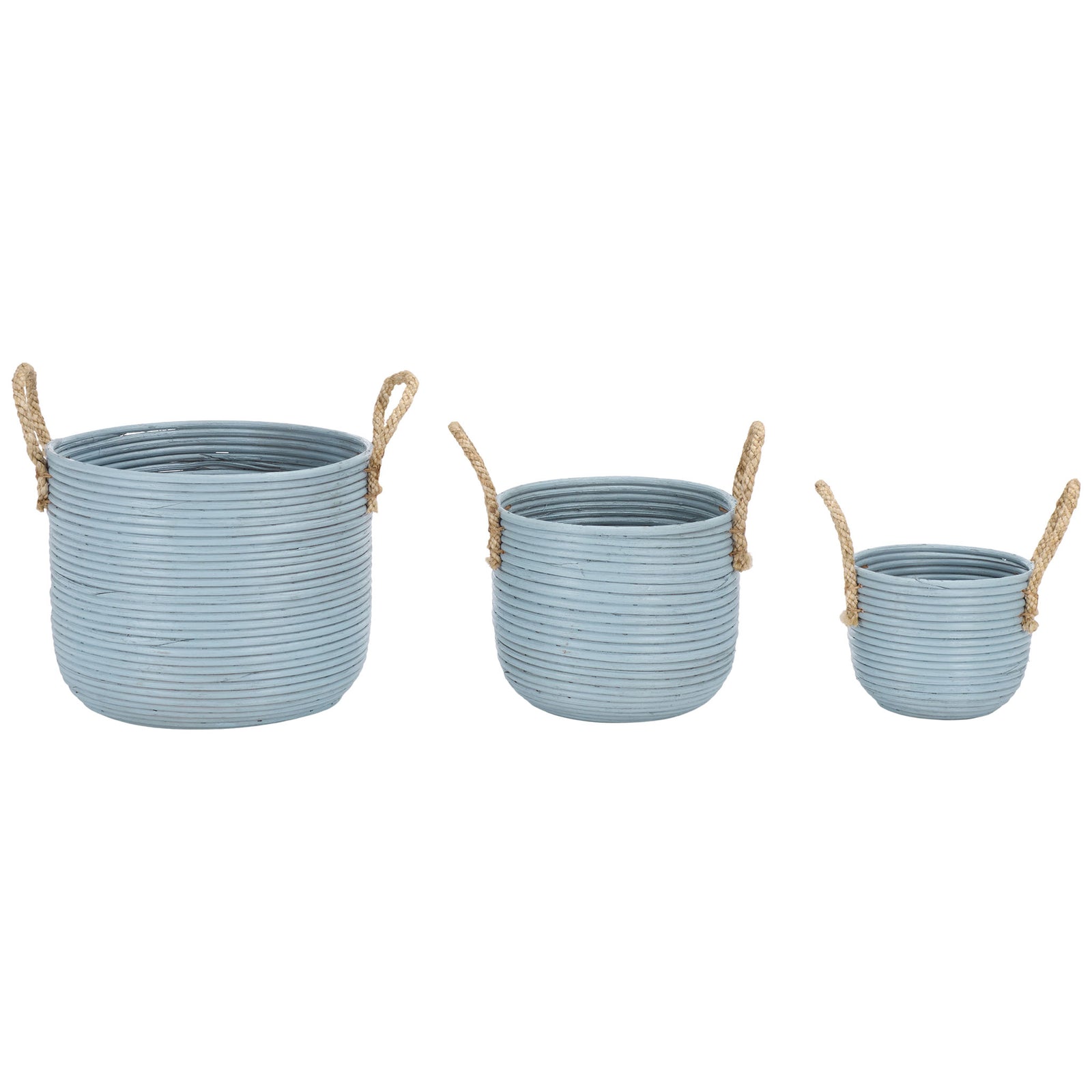 Three graduated light blue baskets line up for versatile storage, each with looped natural handles. || STG1817B || side_studio