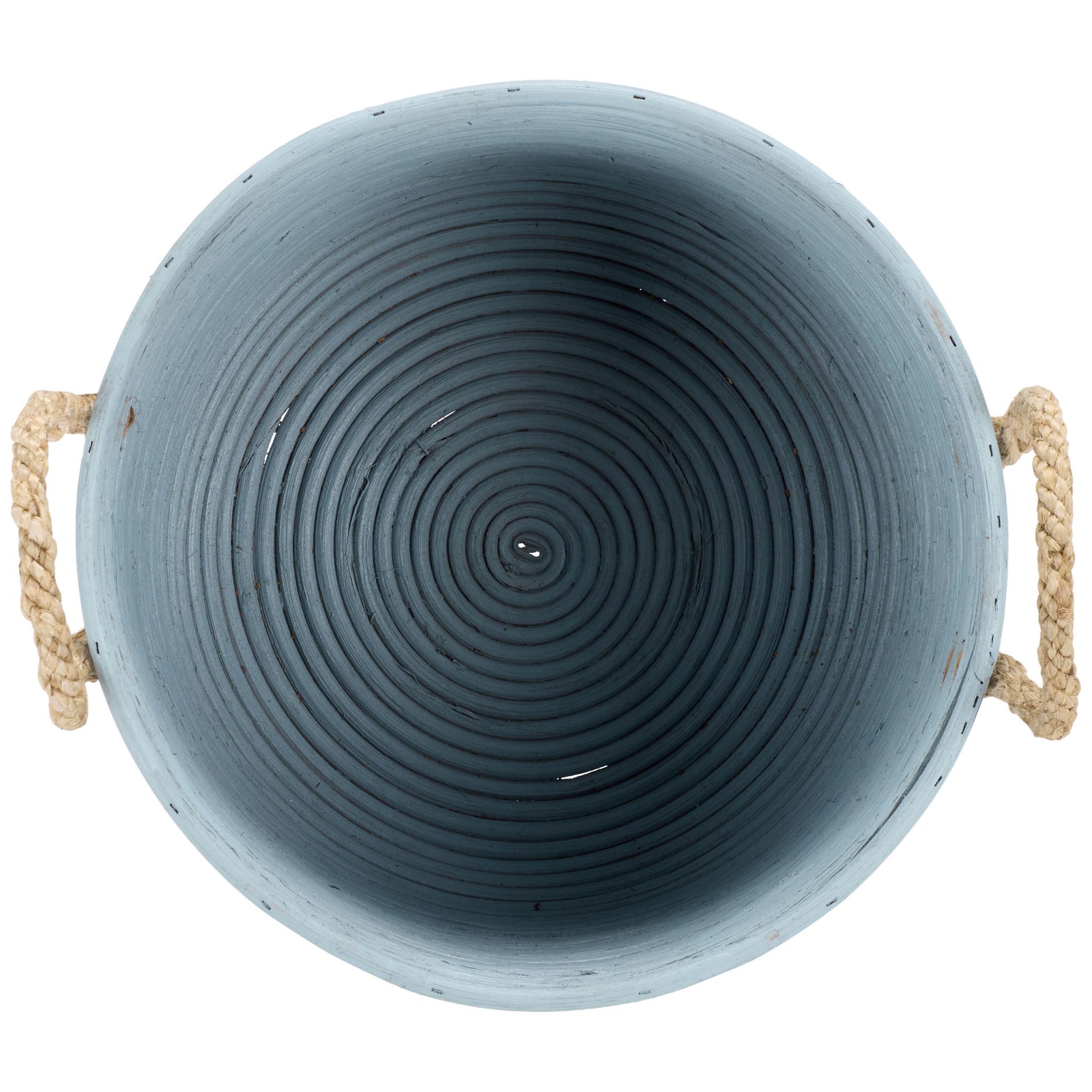 The largest basket has a deep interior of concentric light blue coils and two looped handles. || STG1817B || top_partial_studio