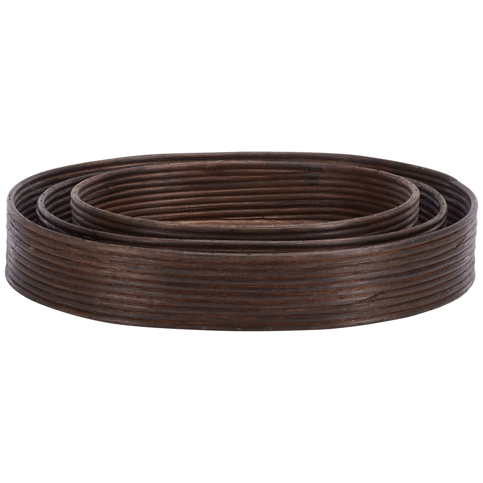 Three dark brown rattan baskets nest compactly with layered oval rims and low, coiled sides || STG1818A || front_studio