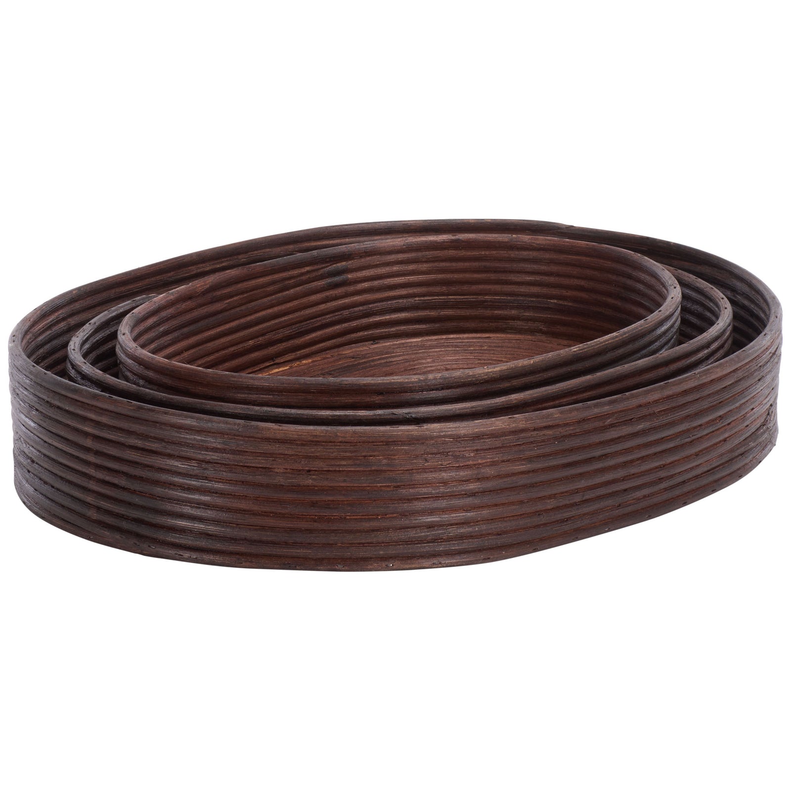 Nested oval rattan trays combine gently rounded rims with a rich dark brown finish || STG1818A || front_angle_studio