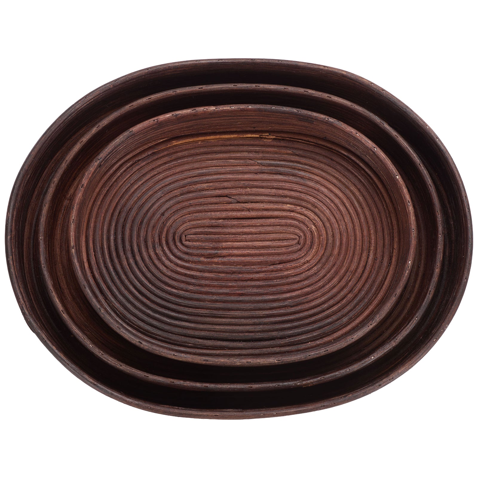 Three neatly nested rattan trays form concentric oval rims around a coiled center || STG1818A || top_studio