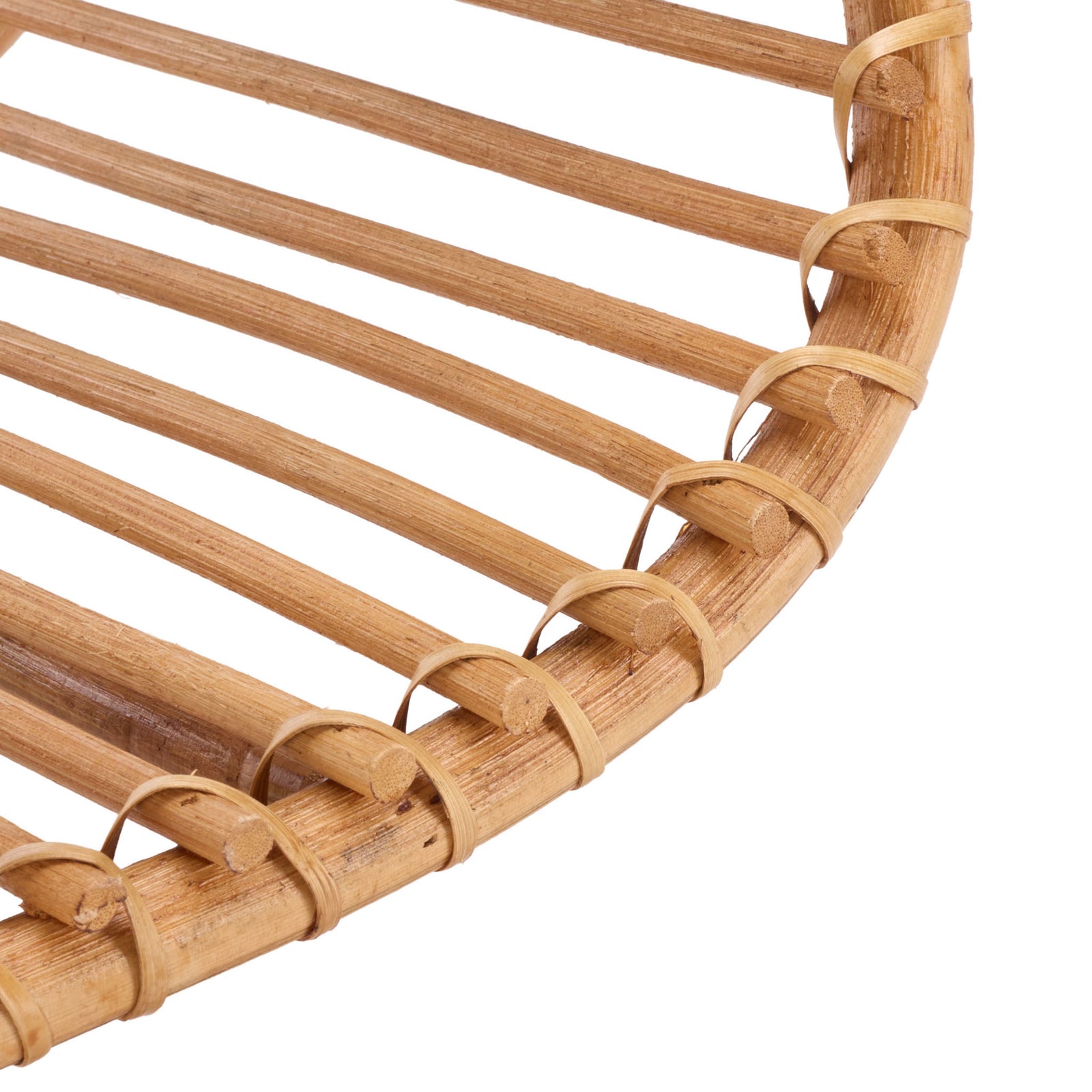 Evenly spaced rattan slats meet a curved base with wrapped joins for a sturdy, open design. || STG1819A || leg_studio