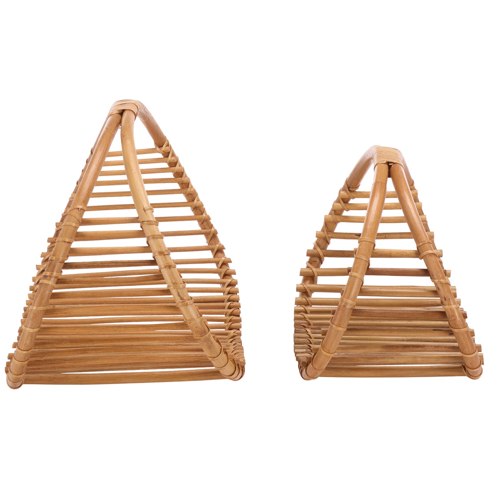 Two different-sized rattan baskets share tapered arches and open slatted construction. || STG1819A || side_studio