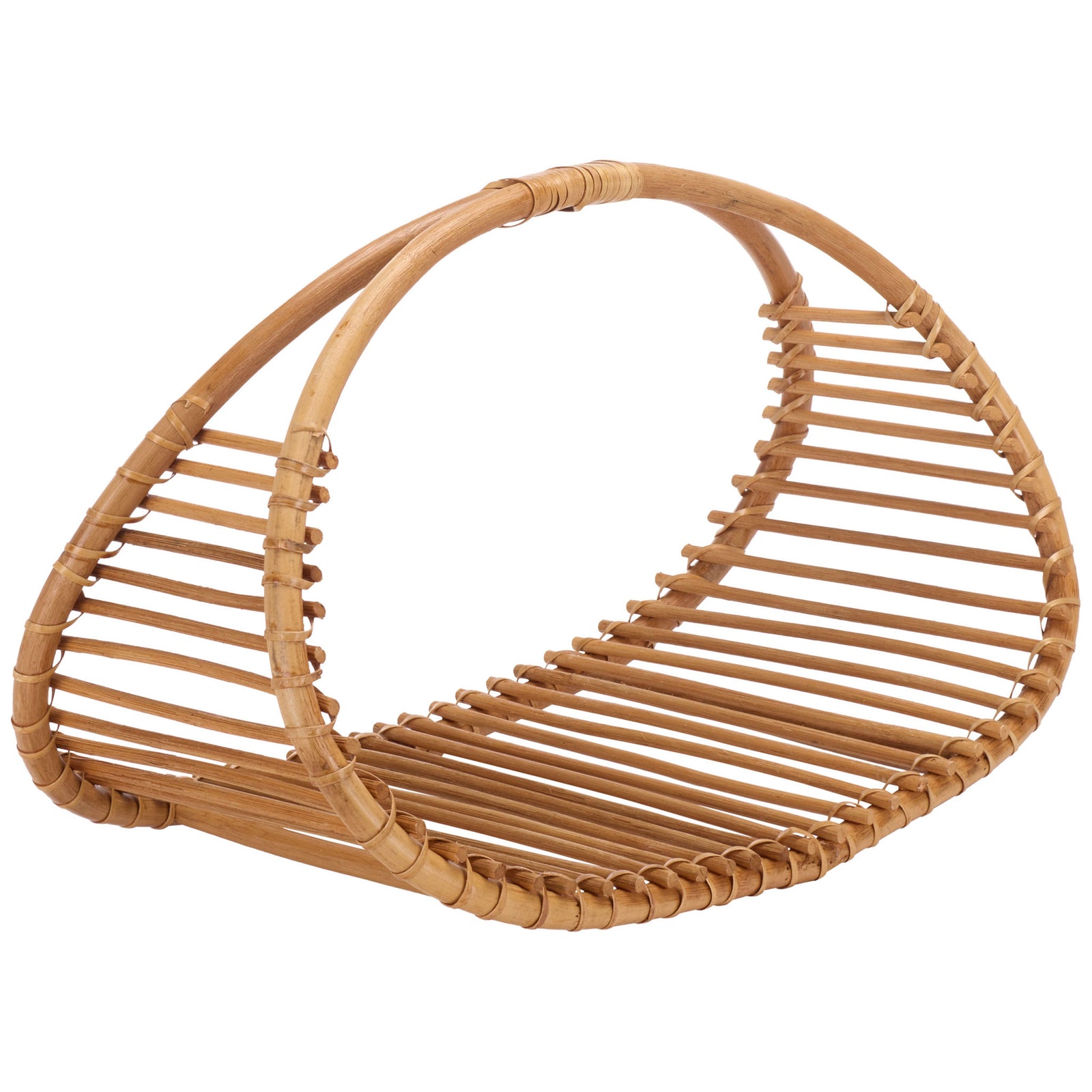 A roomy rattan basket combines a graceful arched frame with an open, slatted cradle. || STG1819A || front_angle_partial_studio