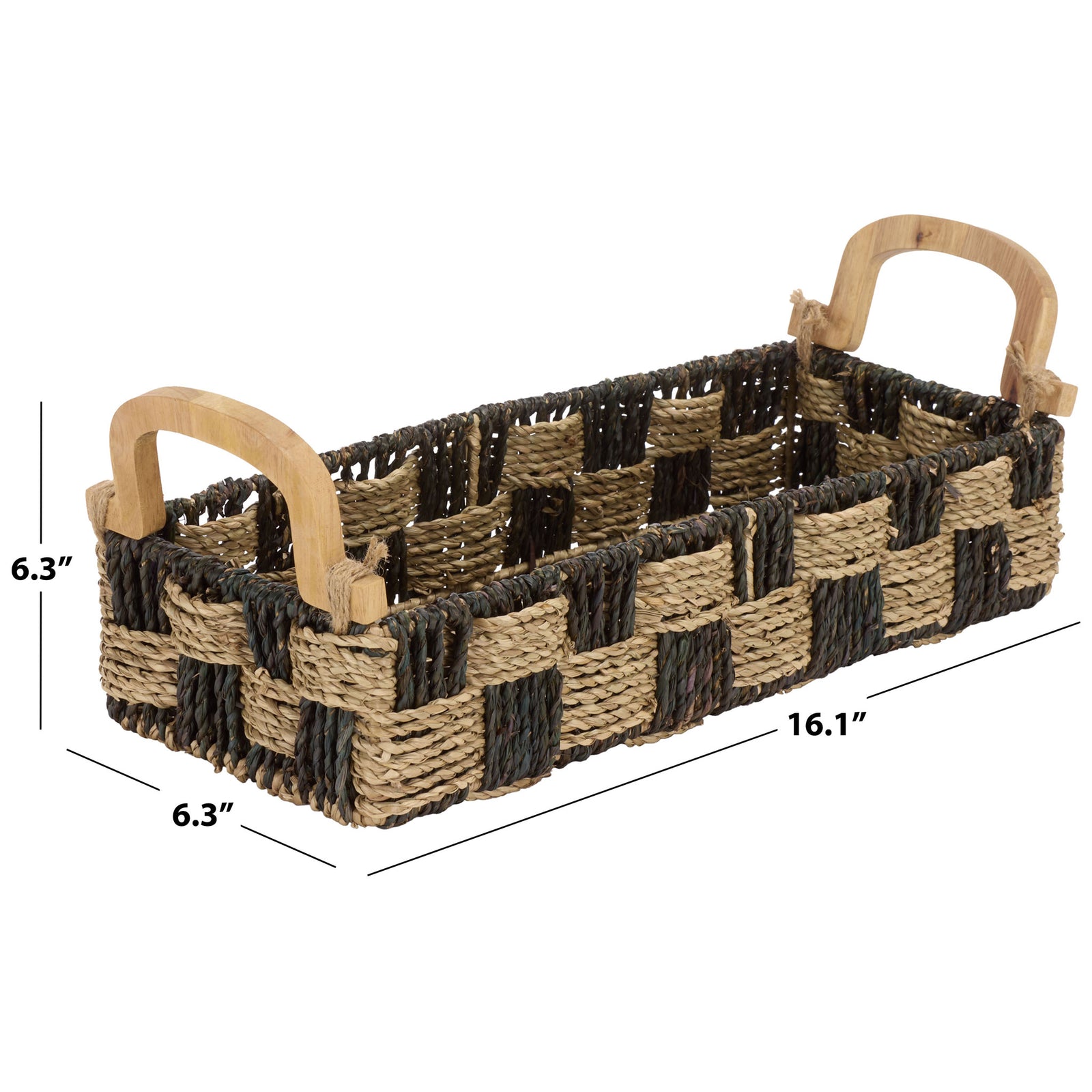 Long woven basket with wood handles measures 16.1 inches long by 6.3 inches wide and high || STG1820A || dimension_studio
