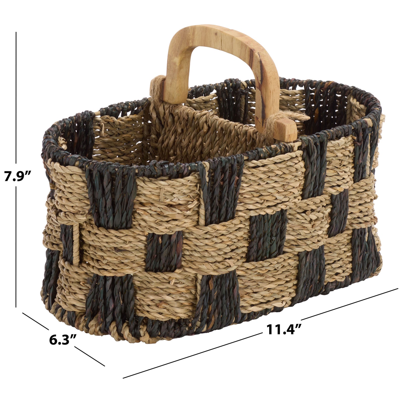 Two-tone woven basket measures 11.4 inches wide, 6.3 inches deep and 7.9 inches high. || STG1821A || dimension_studio