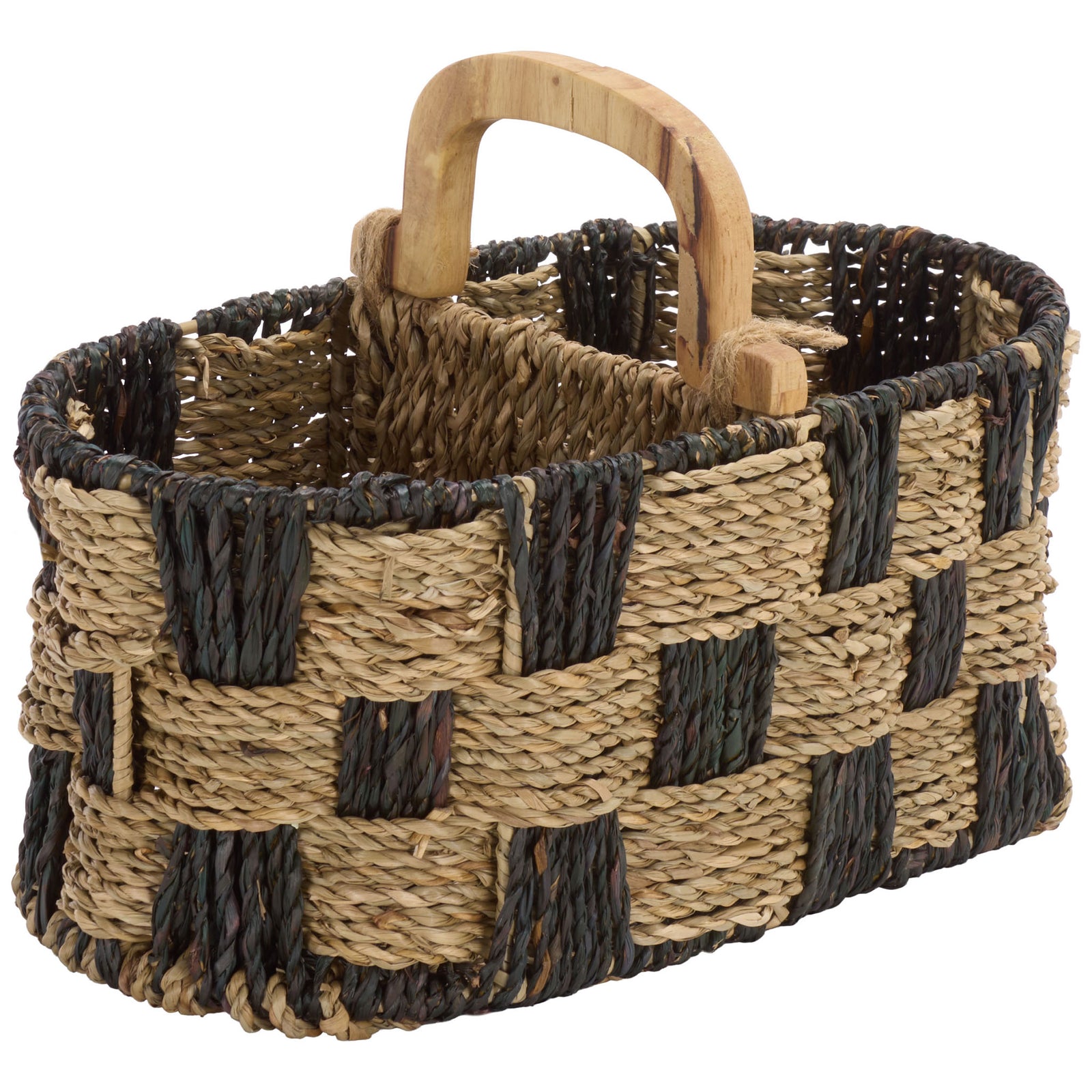 Open oval basket pairs a bold two-tone seagrass weave with a tall arched handle. || STG1821A || front_angle_studio