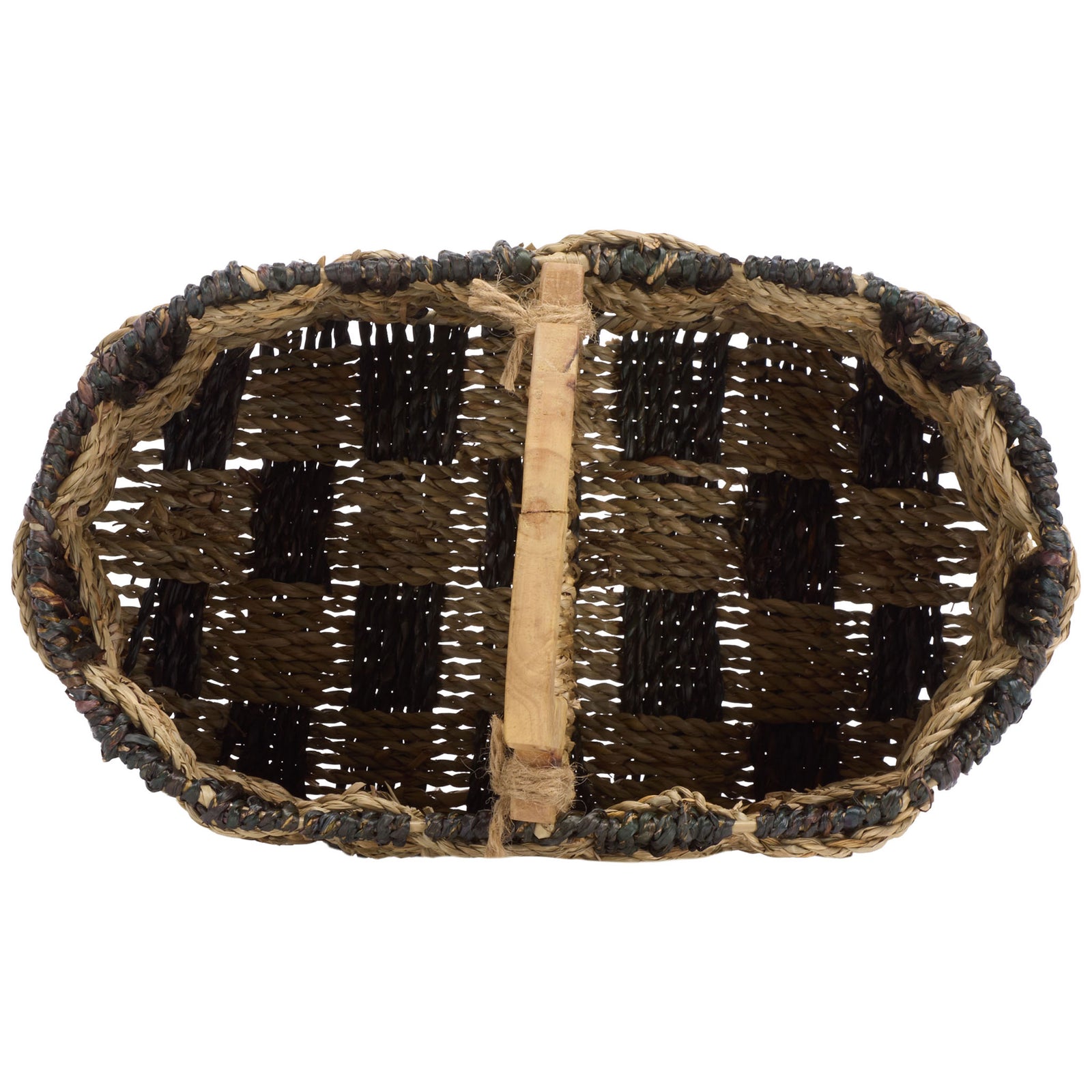 Oval rim frames two woven compartments separated by a central handle and divider. || STG1821A || top_studio