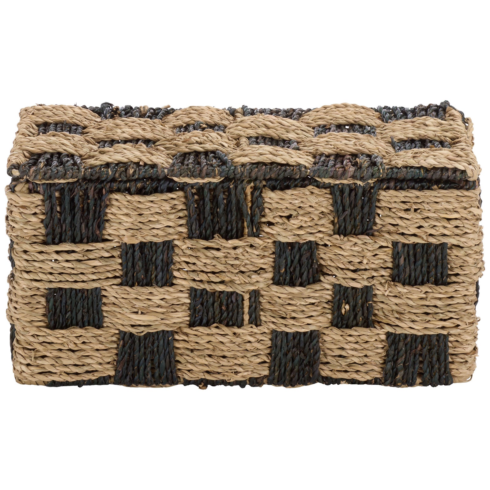 A natural and dark checkerboard weave gives this rectangular seagrass basket graphic appeal. || STG1822A || front_studio