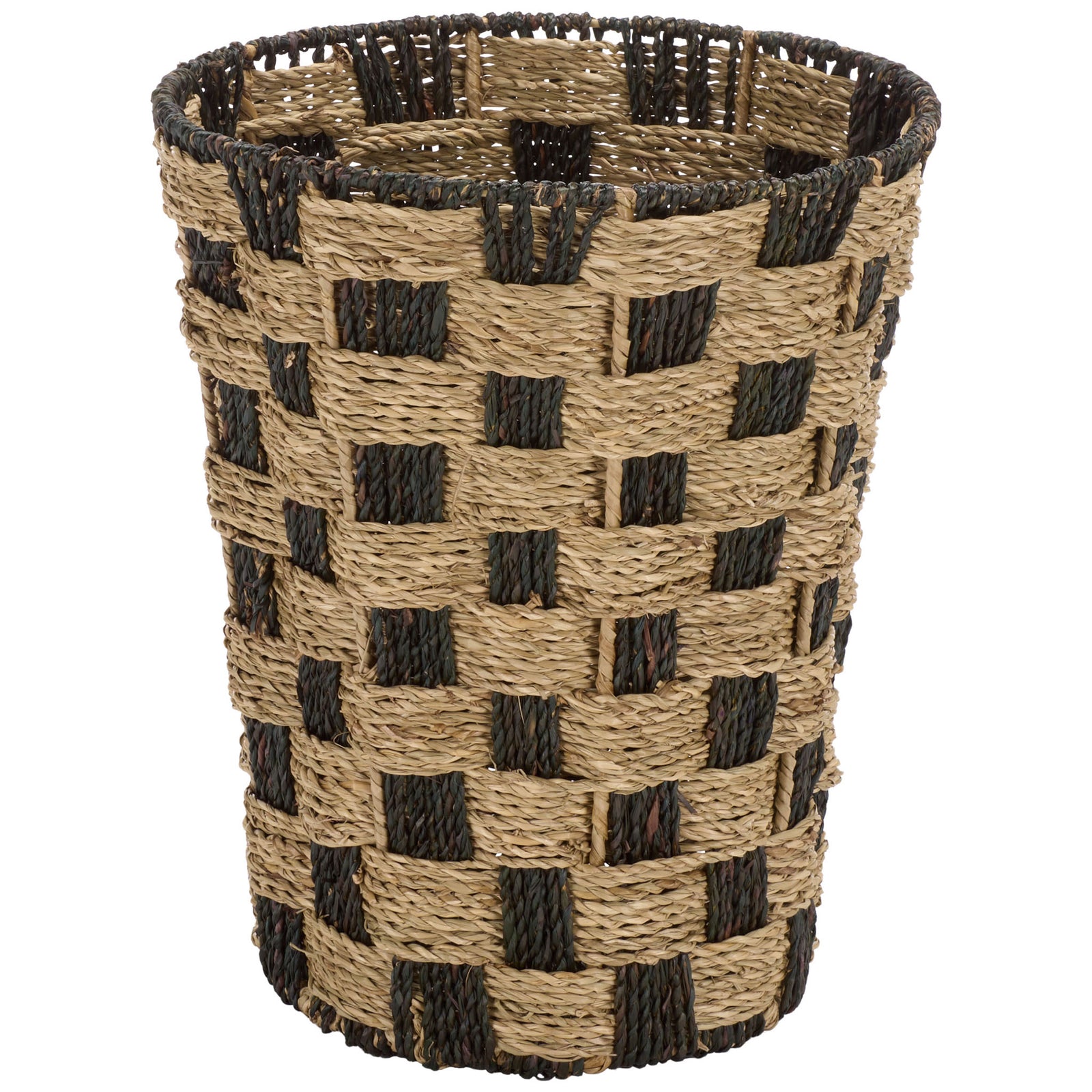 Tapered seagrass storage basket blends natural and dark tones in a checkerboard weave || STG1824A || front_studio